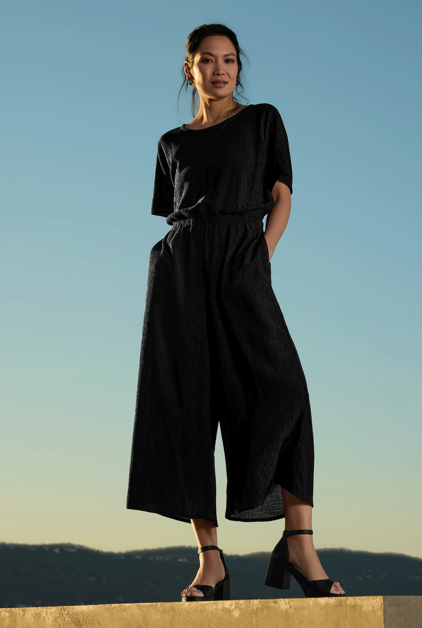 Woven Plisse Top and Wide Leg Pant