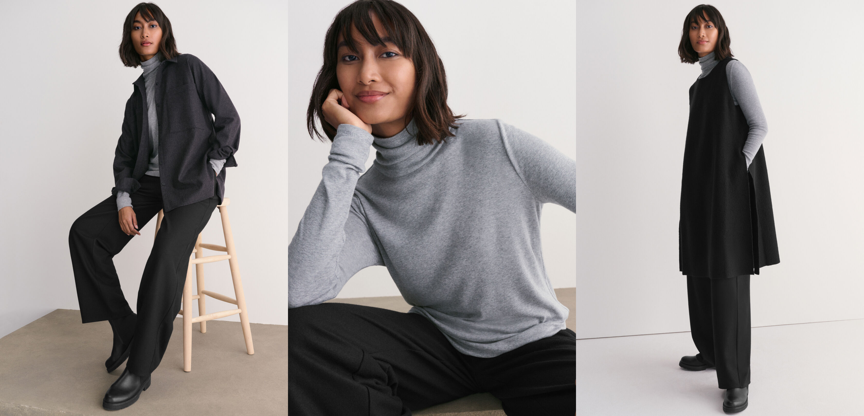 Ribbed Pima Cotton Blend Turtleneck Top with Wool Flannel Collar Shirt and Boiled Wool Pant and Top