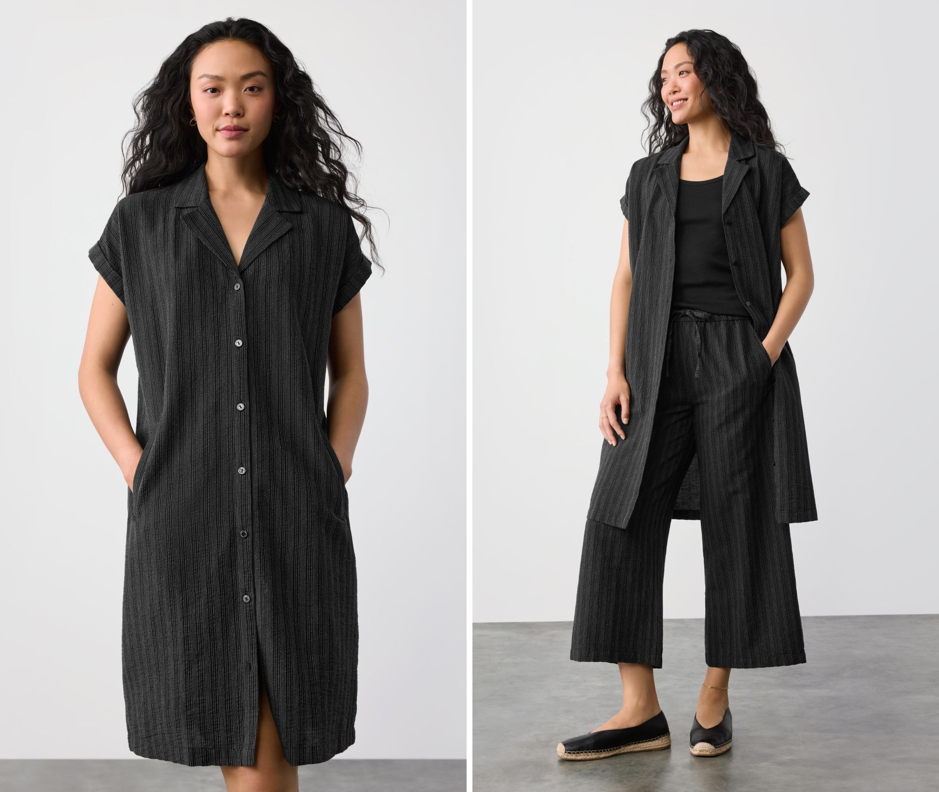 Cotton Blend Stripe Stitch Shirtdress