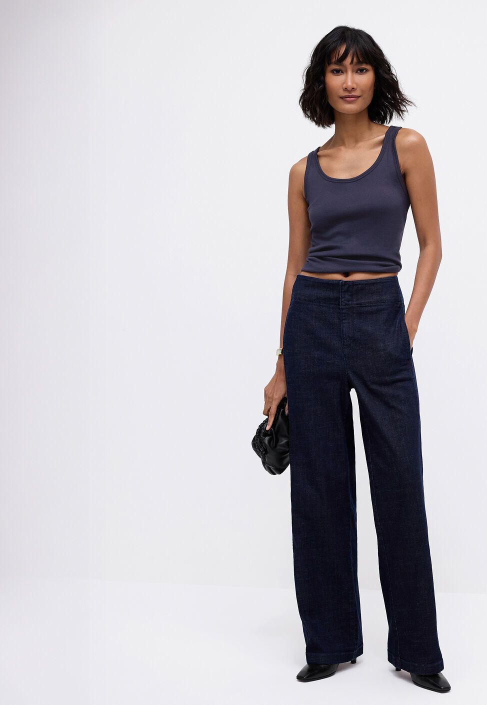 Cotton Stretch Denim Wide Leg Trouser