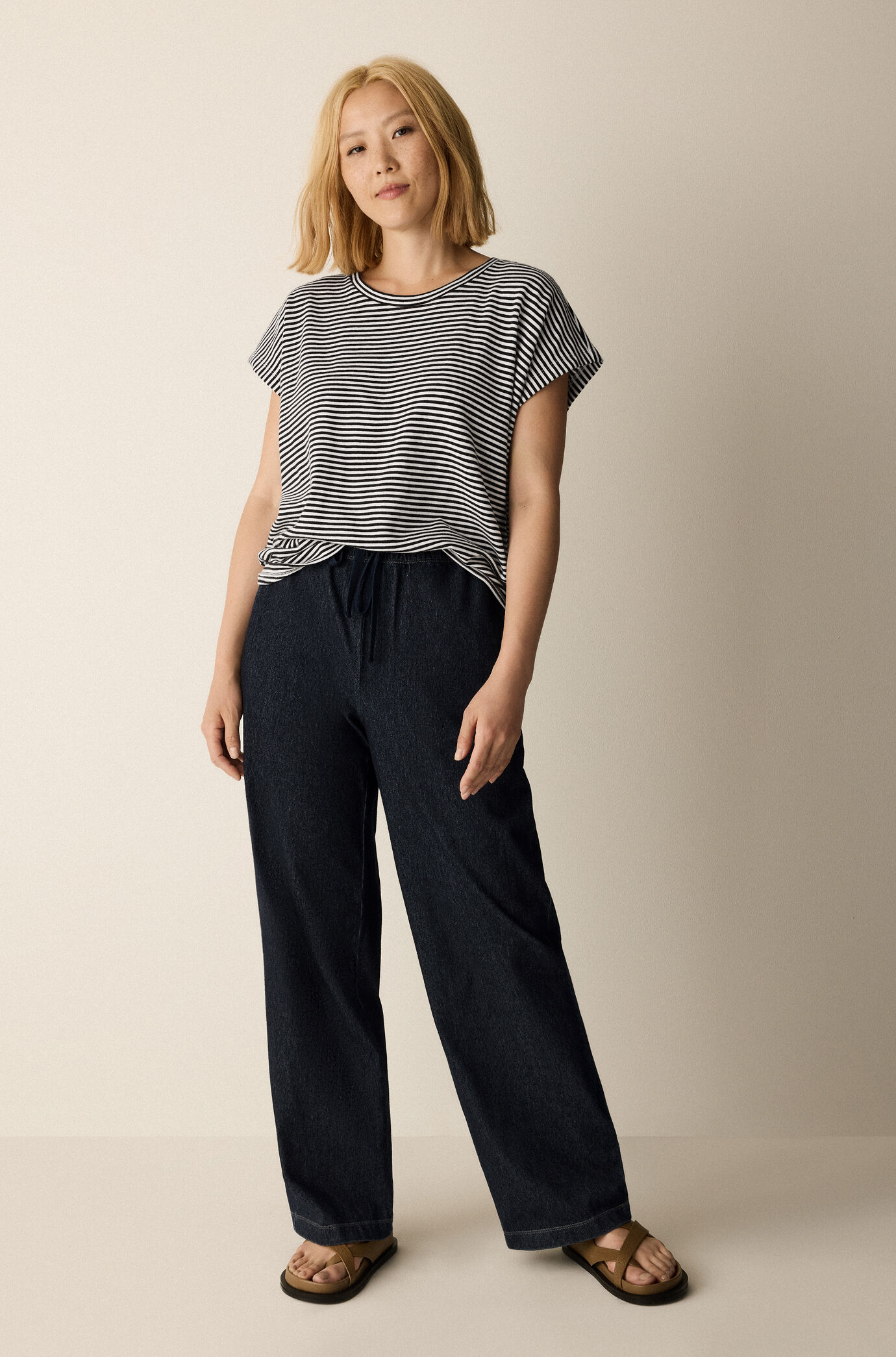 Cotton Indigo Knit Denim Full Length Straight Pant