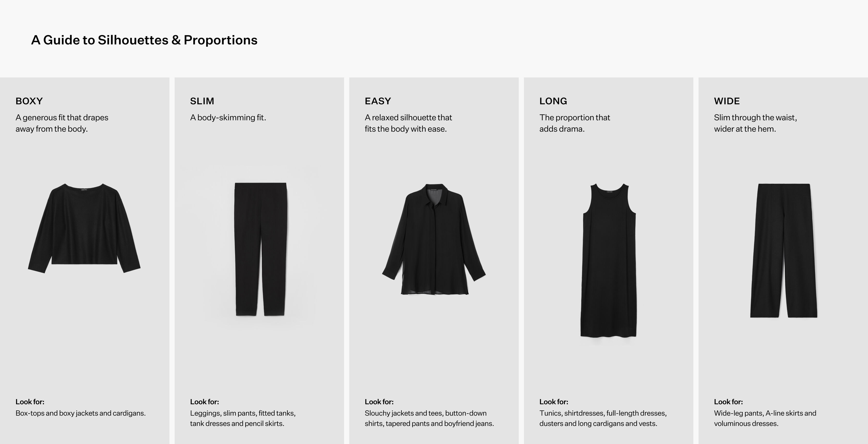 Guide to clothing silhouettes and proportions in women's fashion.