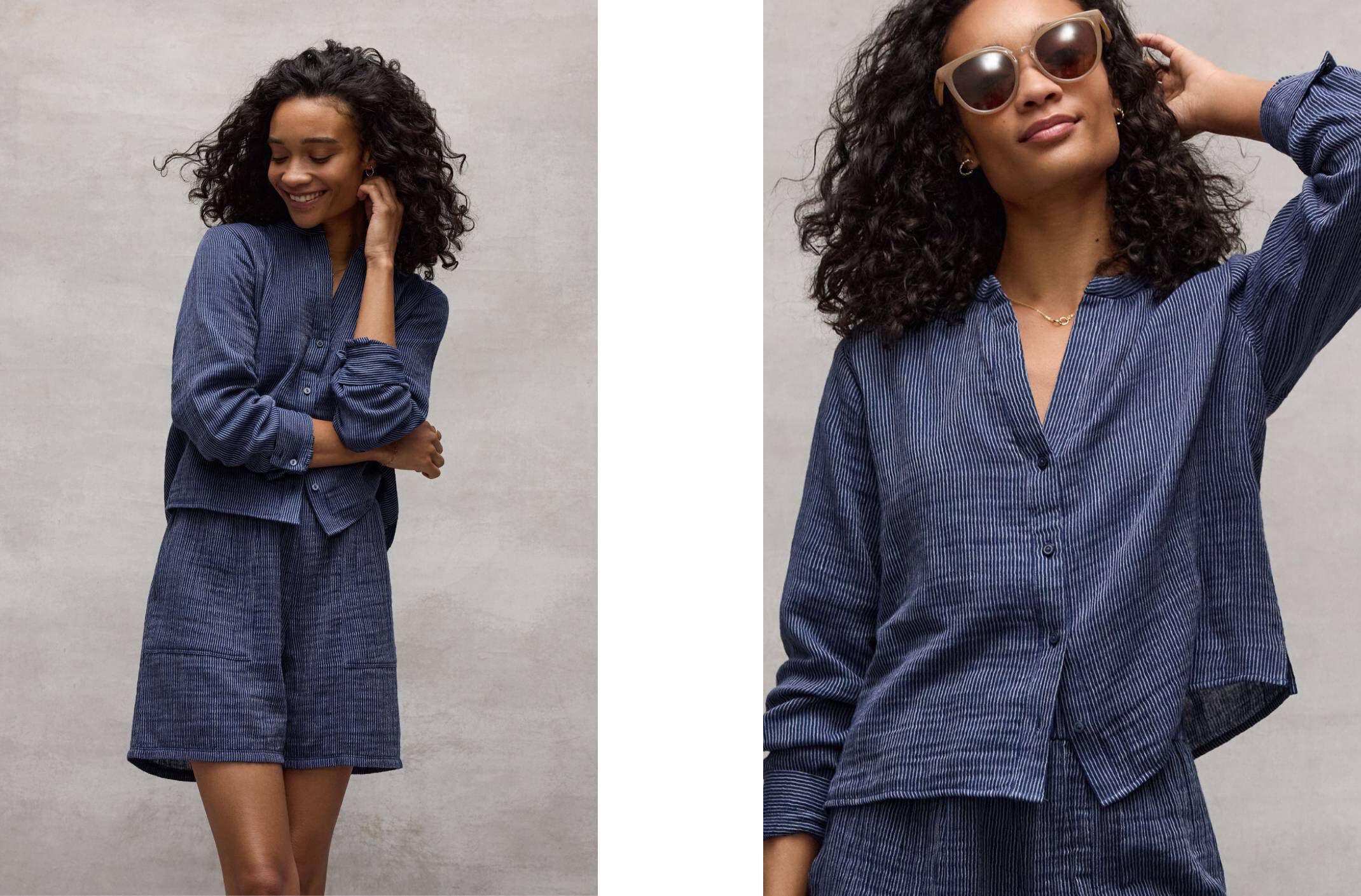 Striped Organic Cotton Gauze Band Collar Shirt