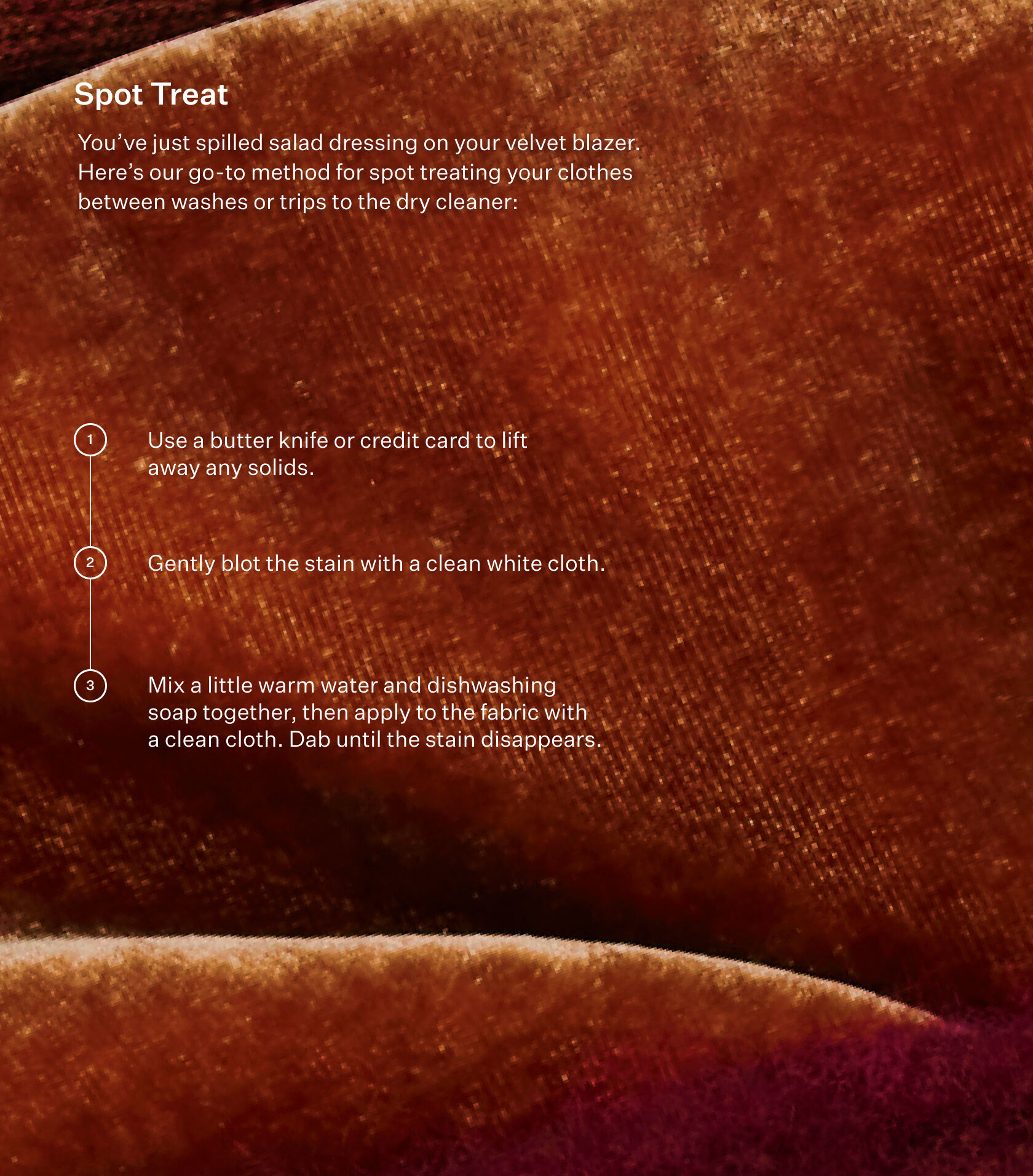 Infographic on spot treating velvet fabric with stains.
