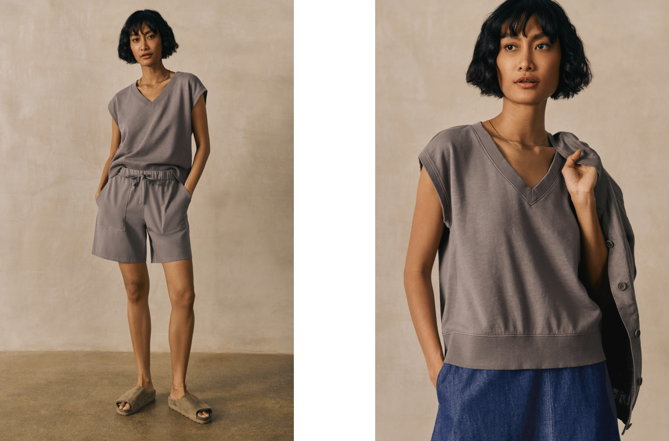 Garment Dyed Organic Cotton Terry V Neck Top