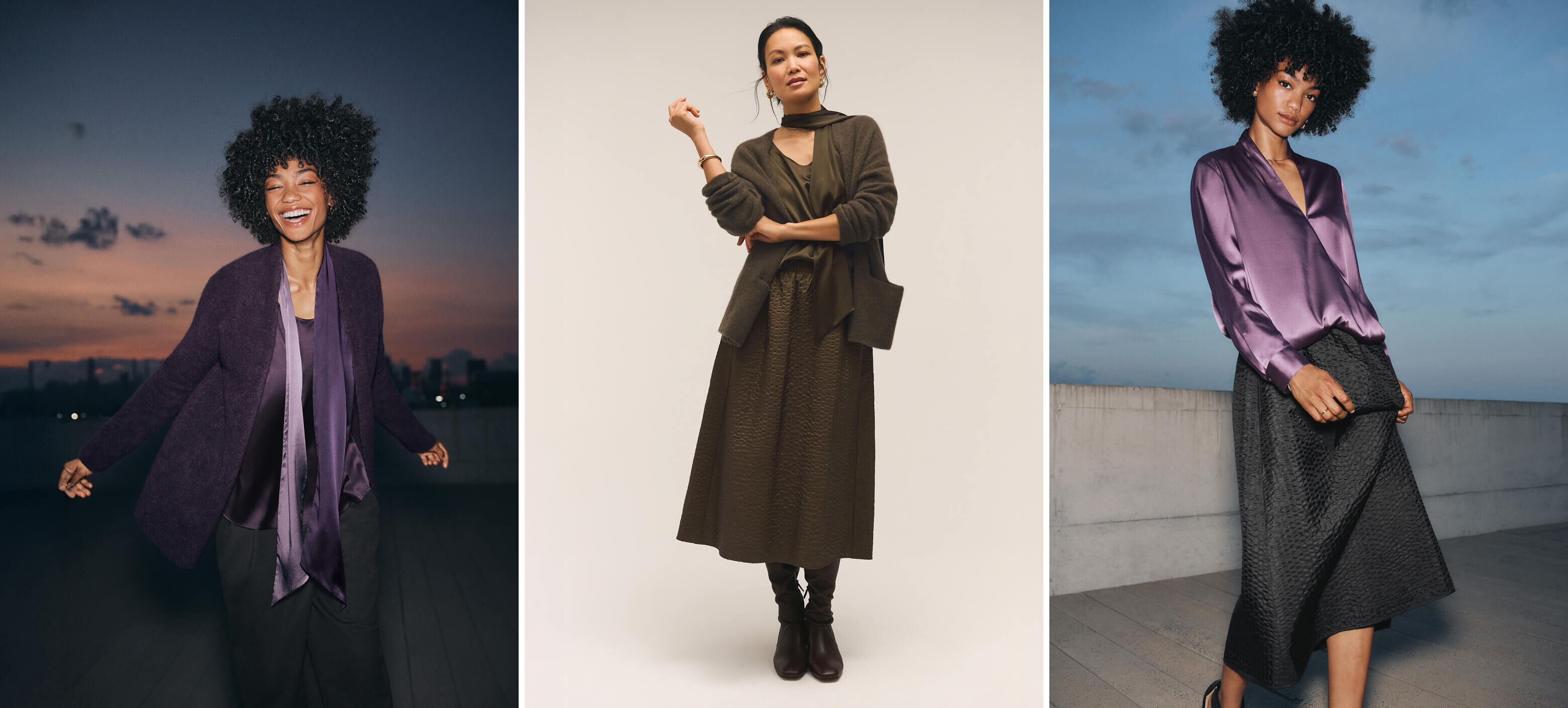 Cashmere and Silk Looks in Aubergine and Branch