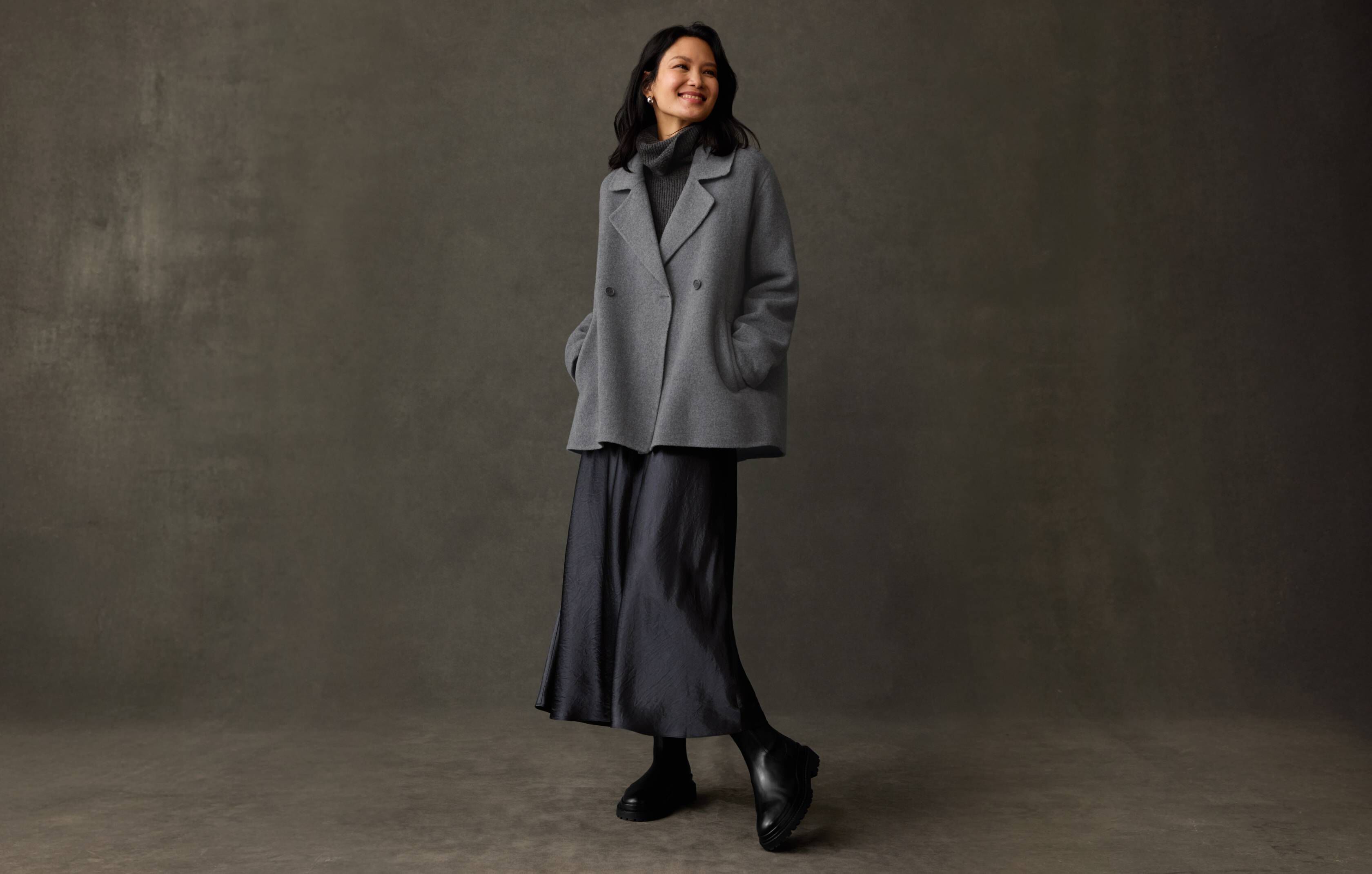 Recycled Wool Cashmere Turtleneck Top and Textured Satin Skirt