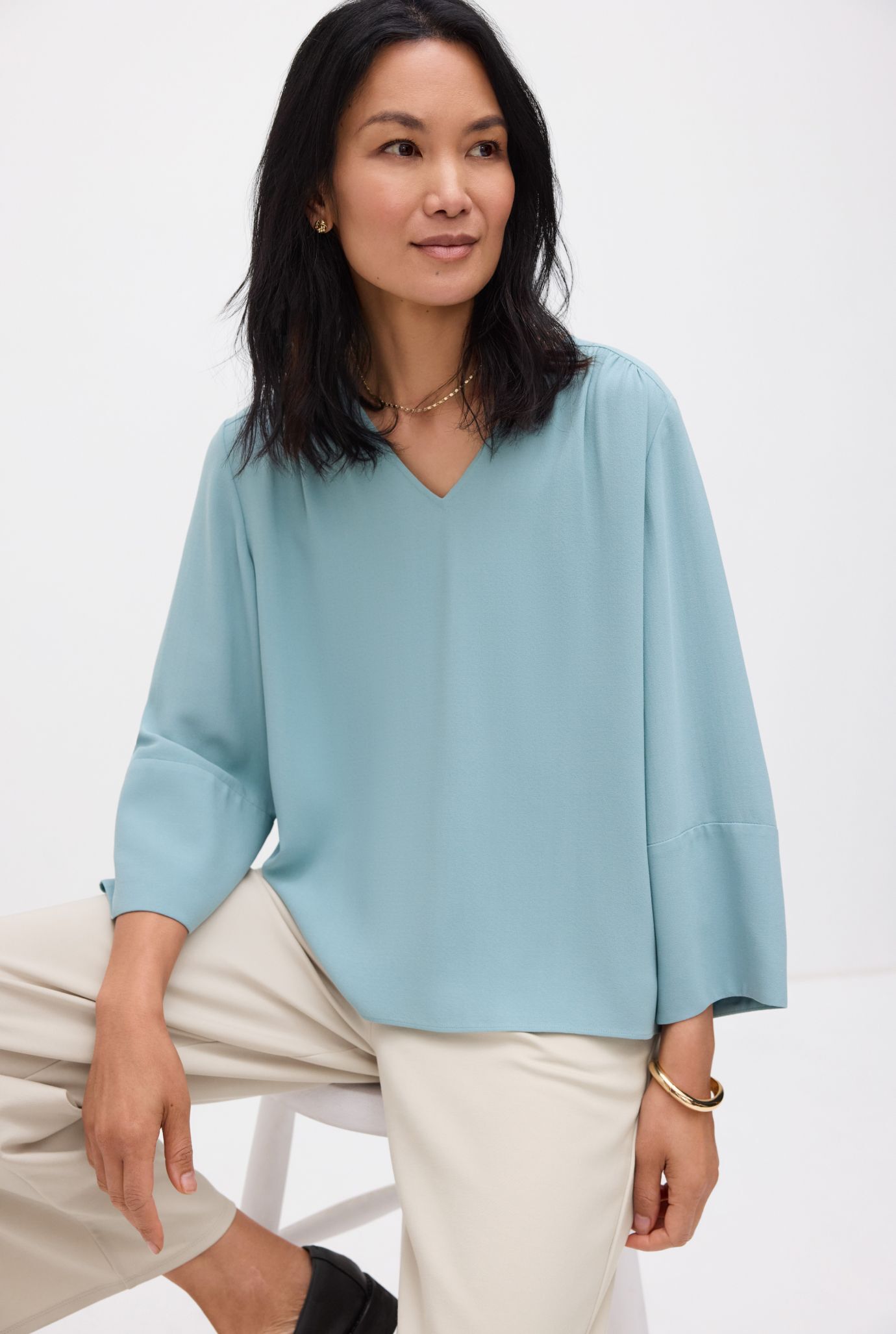 Silk Georgette Crepe V Neck Top