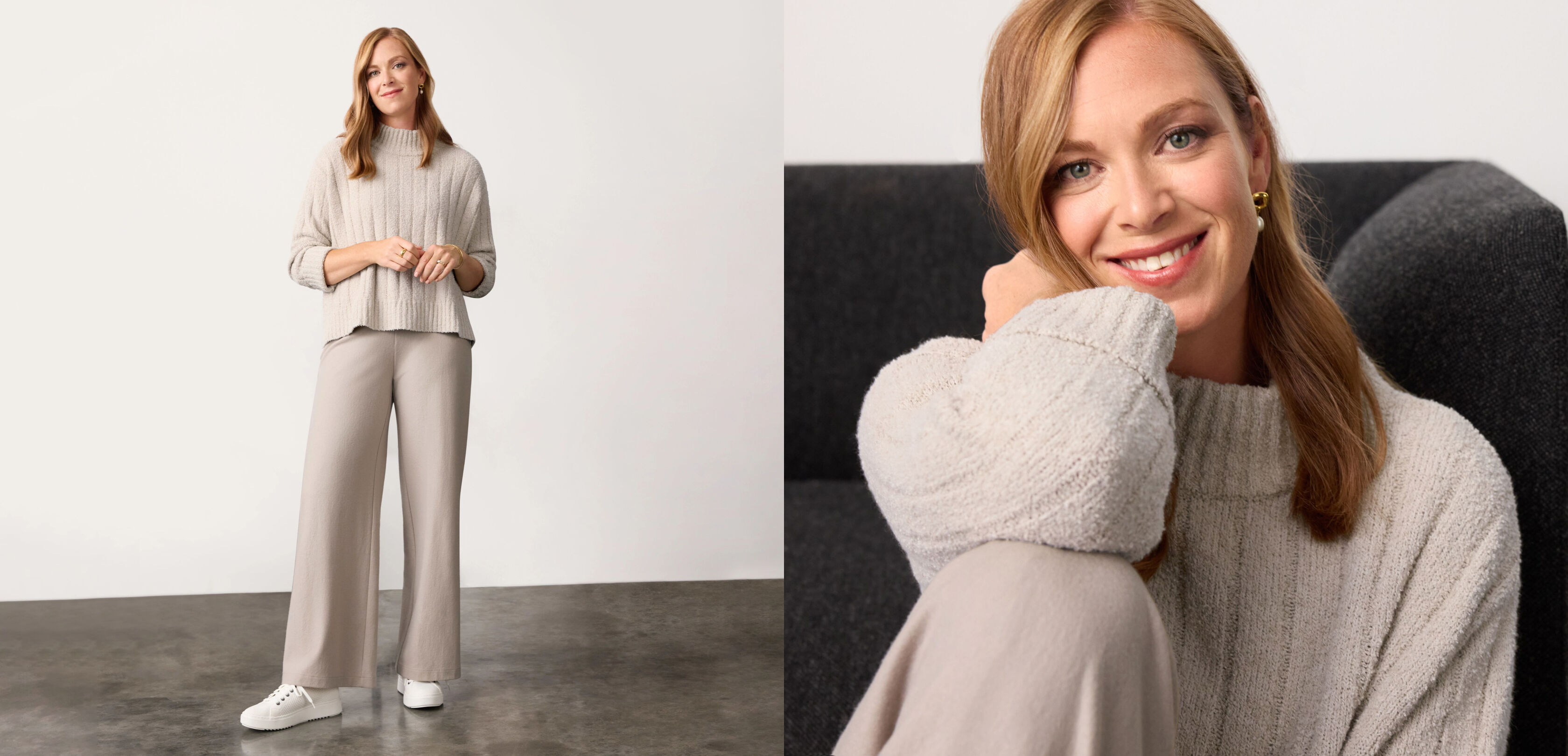 Cotton Fluff Rib Turtleneck and Felted Wool Jersey Wide Leg Pant