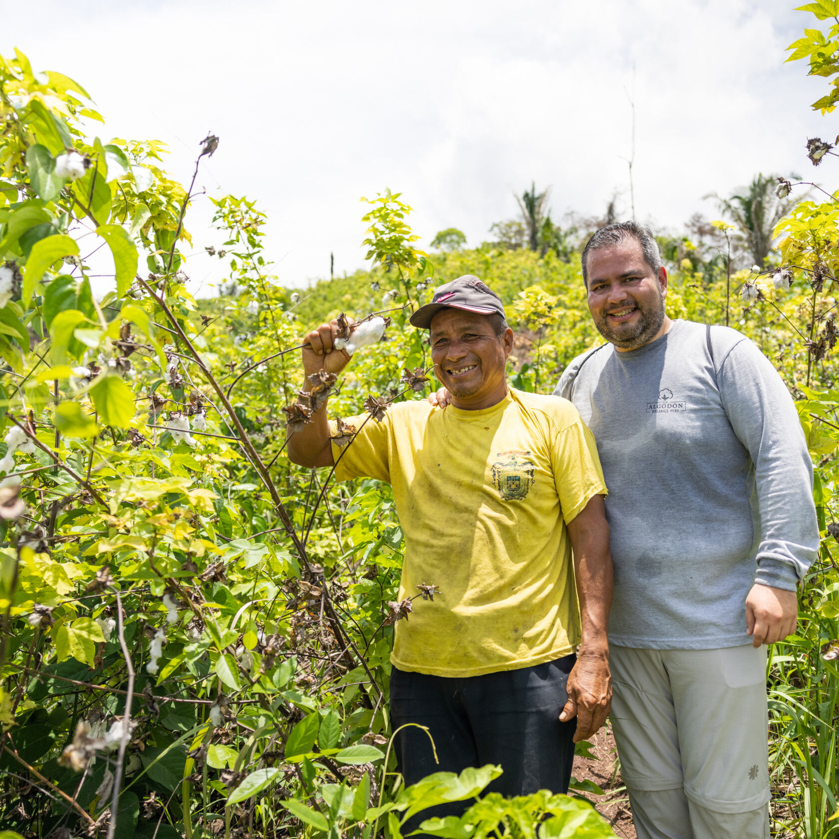 A regenerative organic cotton farmer and Andrés Rivero of Algodón Orgánico Peru. A regenerative organic cotton farmer and Andrés Rivero of Algodón Orgánico Peru.