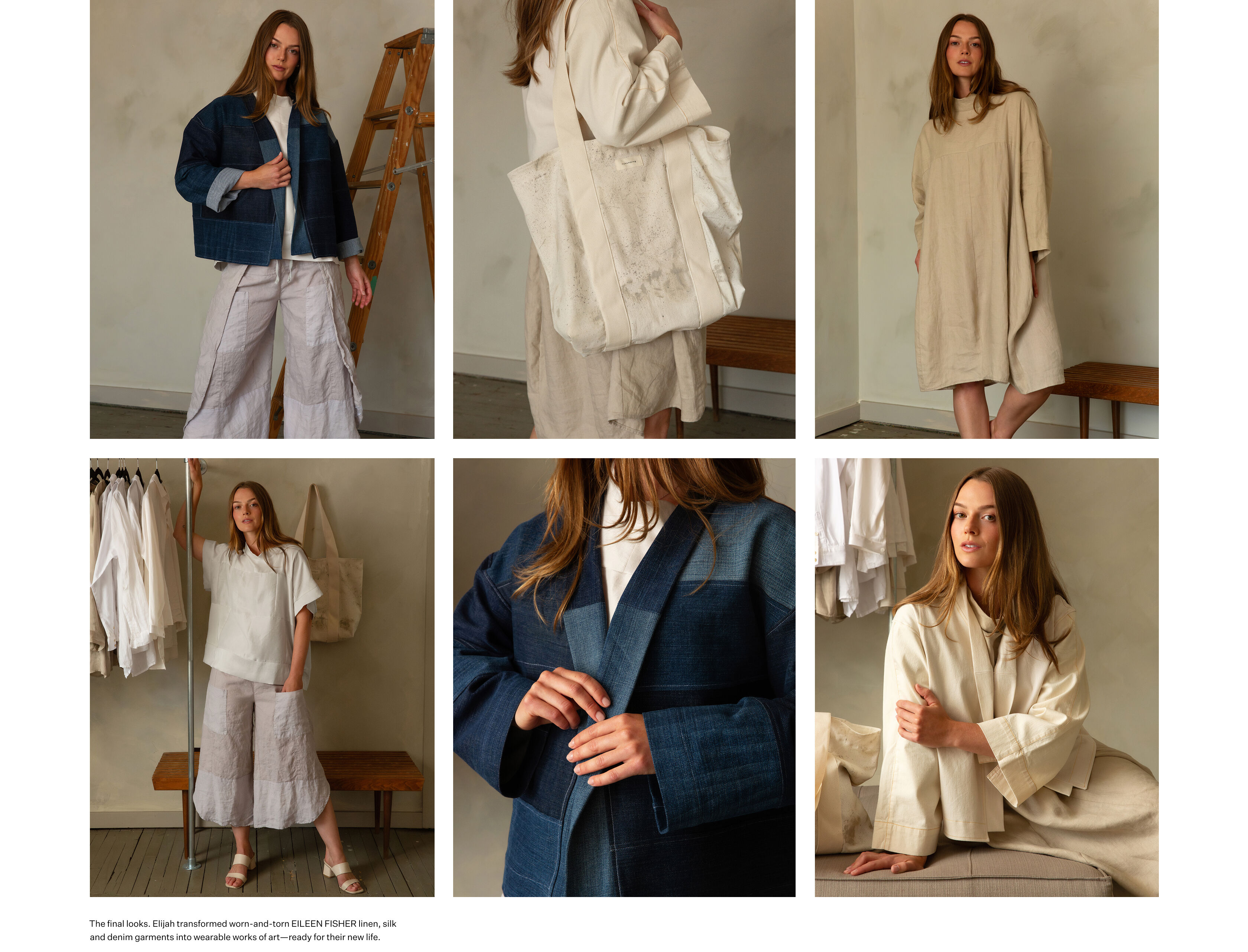 A woman models two upcycled looks. Outfit 1: an upcycled denim jacket, a silk mock neck top, and a Japanese-style gardening pant. Outfit 2: a white denim jacket, beige linen bubble dress, and white denim splatter paint tote. A woman models two upcycled looks. Outfit 1: an upcycled denim jacket, a silk mock neck top, and a Japanese-style gardening pant. Outfit 2: a white denim jacket, beige linen bubble dress, and white denim splatter paint tote.