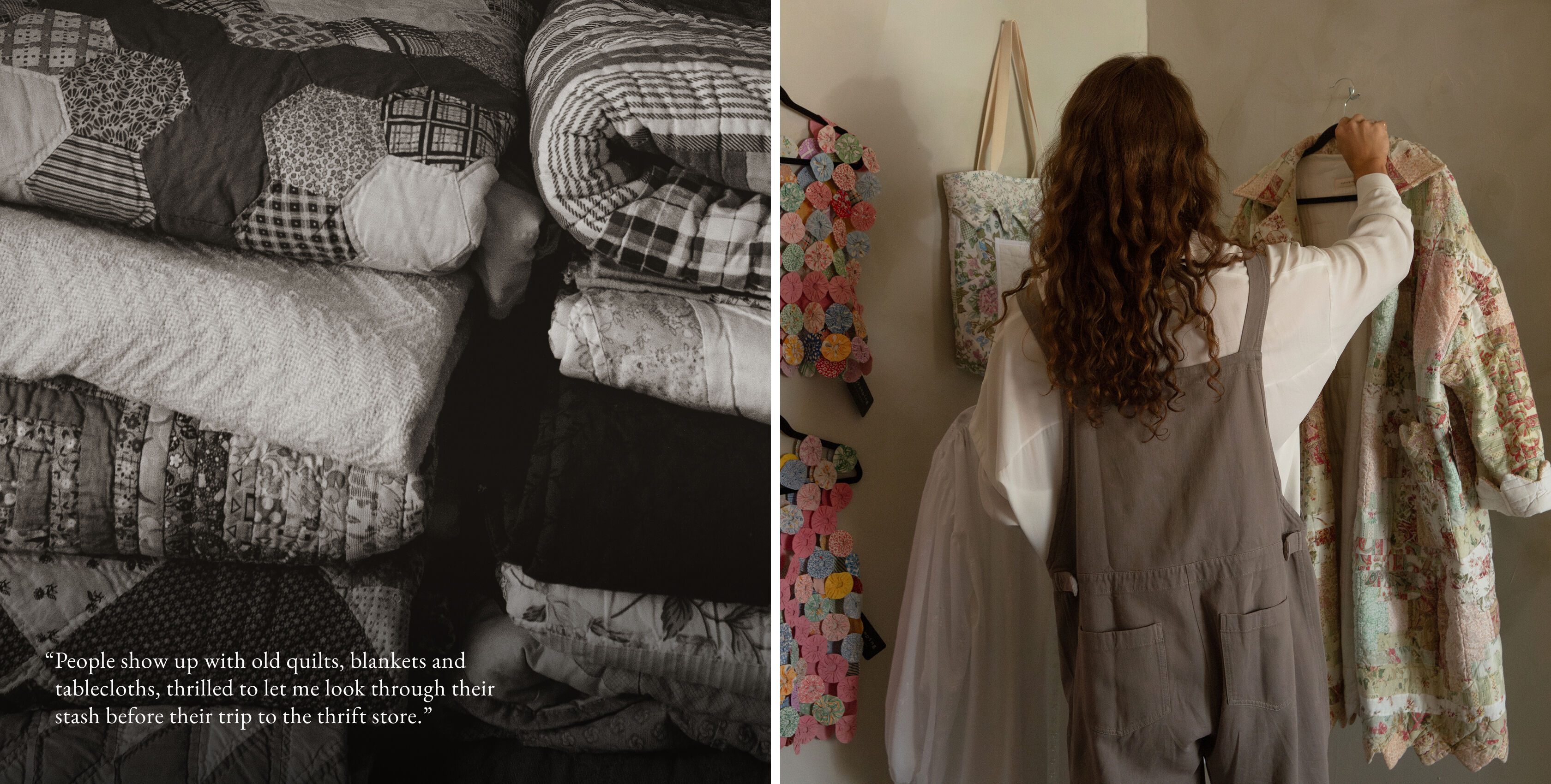 Elijah Nykamp hangs up pieces in his store: an oversized coat and tote bags made from patchwork quilts. Elijah Nykamp hangs up pieces in his store: an oversized coat and tote bags made from patchwork quilts.