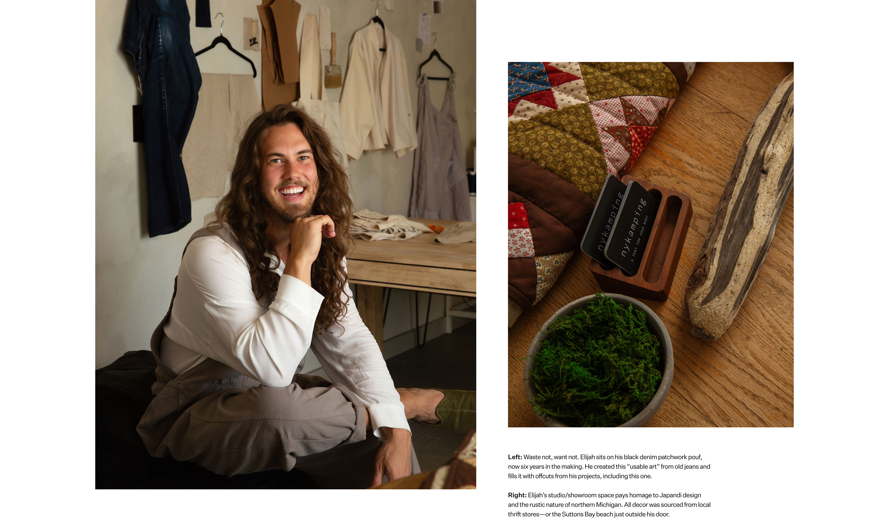 Elijah wears EILEEN FISHER Renew overalls and long sleeve in his store, nykamping. Elijah wears EILEEN FISHER Renew overalls and long sleeve in his store, nykamping.