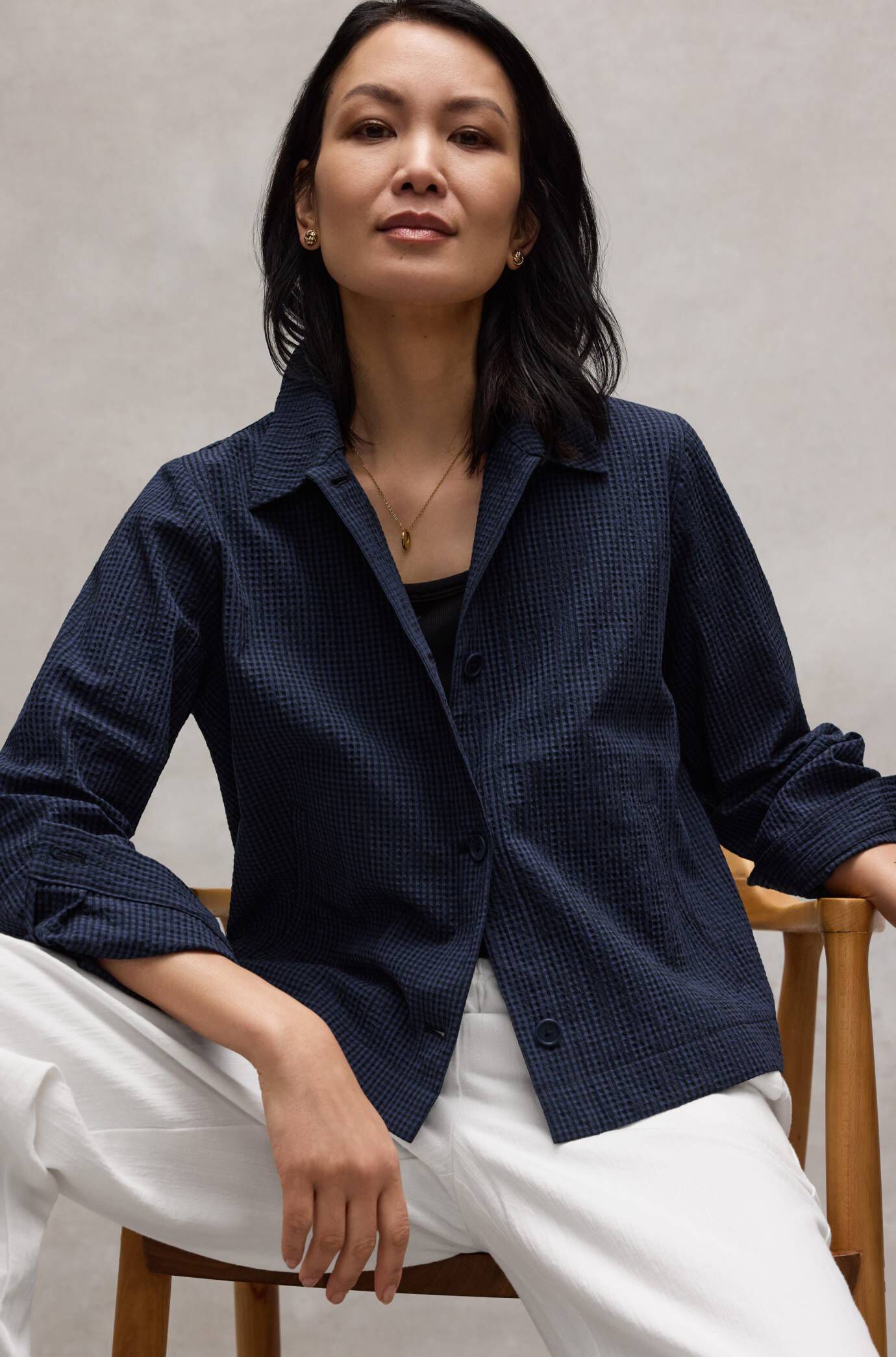 Organic Cotton Pucker Check Classic Collar Jacket