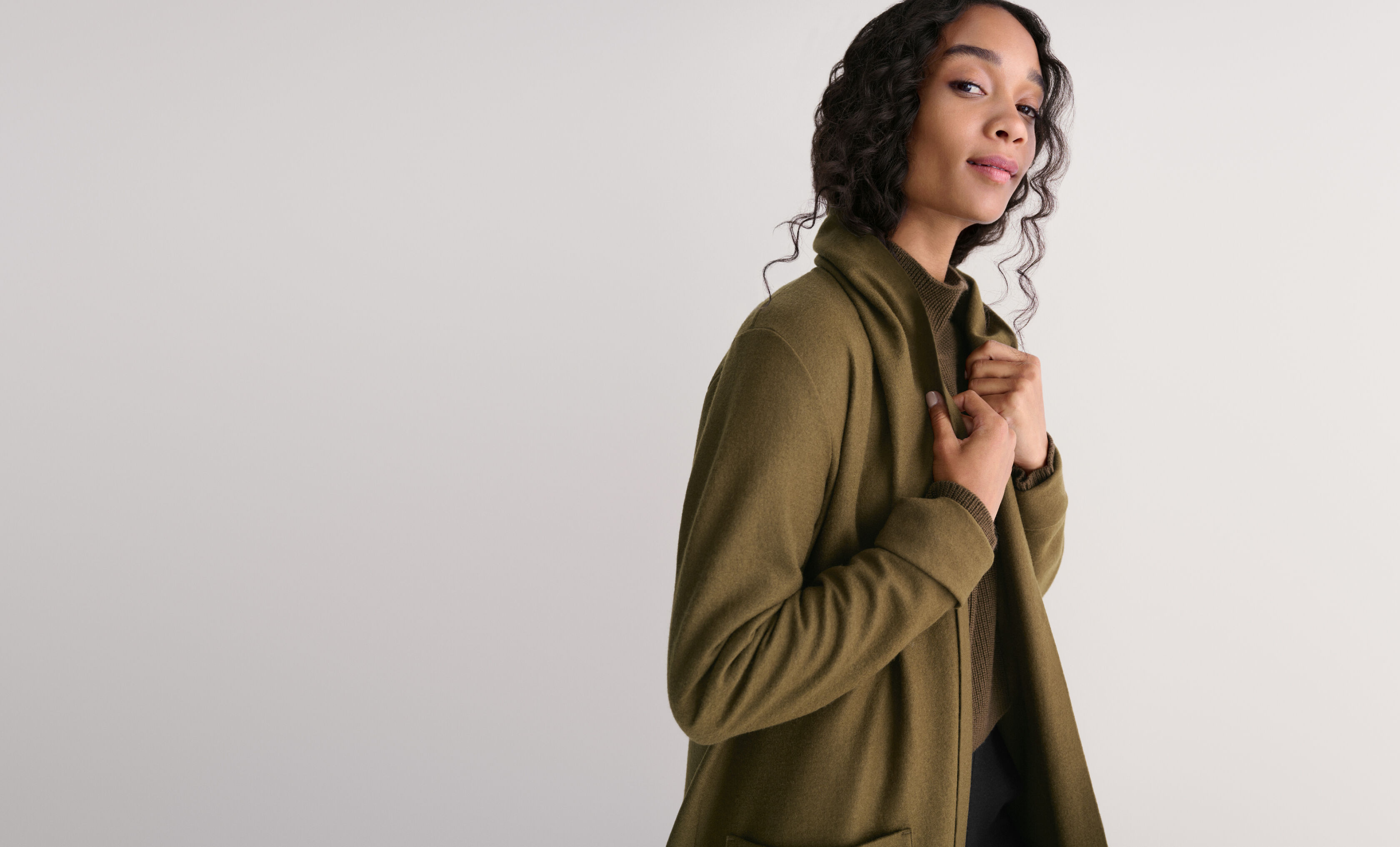Boiled Wool High Collar Jacket and Merino Cropped Turtleneck Top