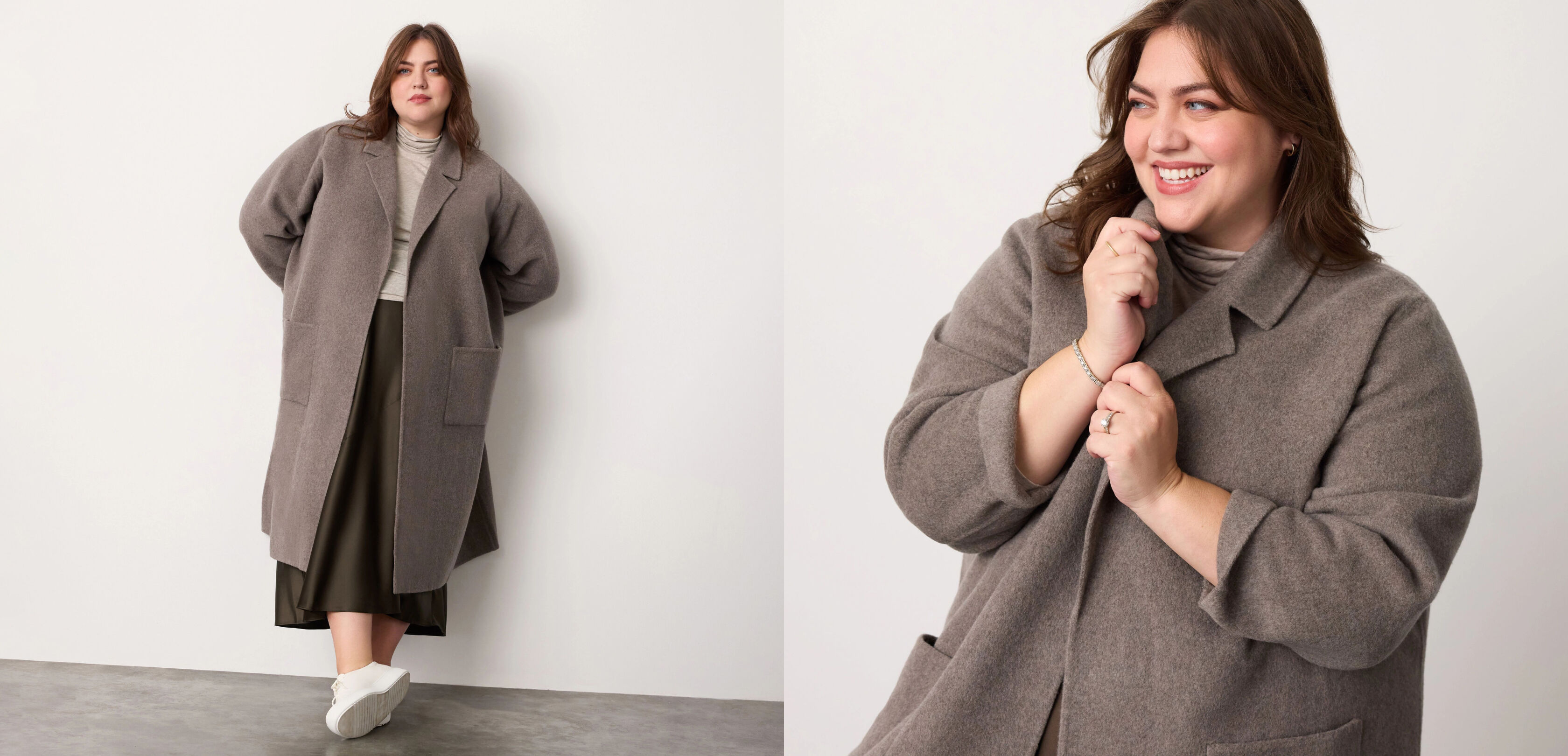 Doubleface Wool Coat with Sheer Knit Turtleneck Top and Stretch Silk Skirt