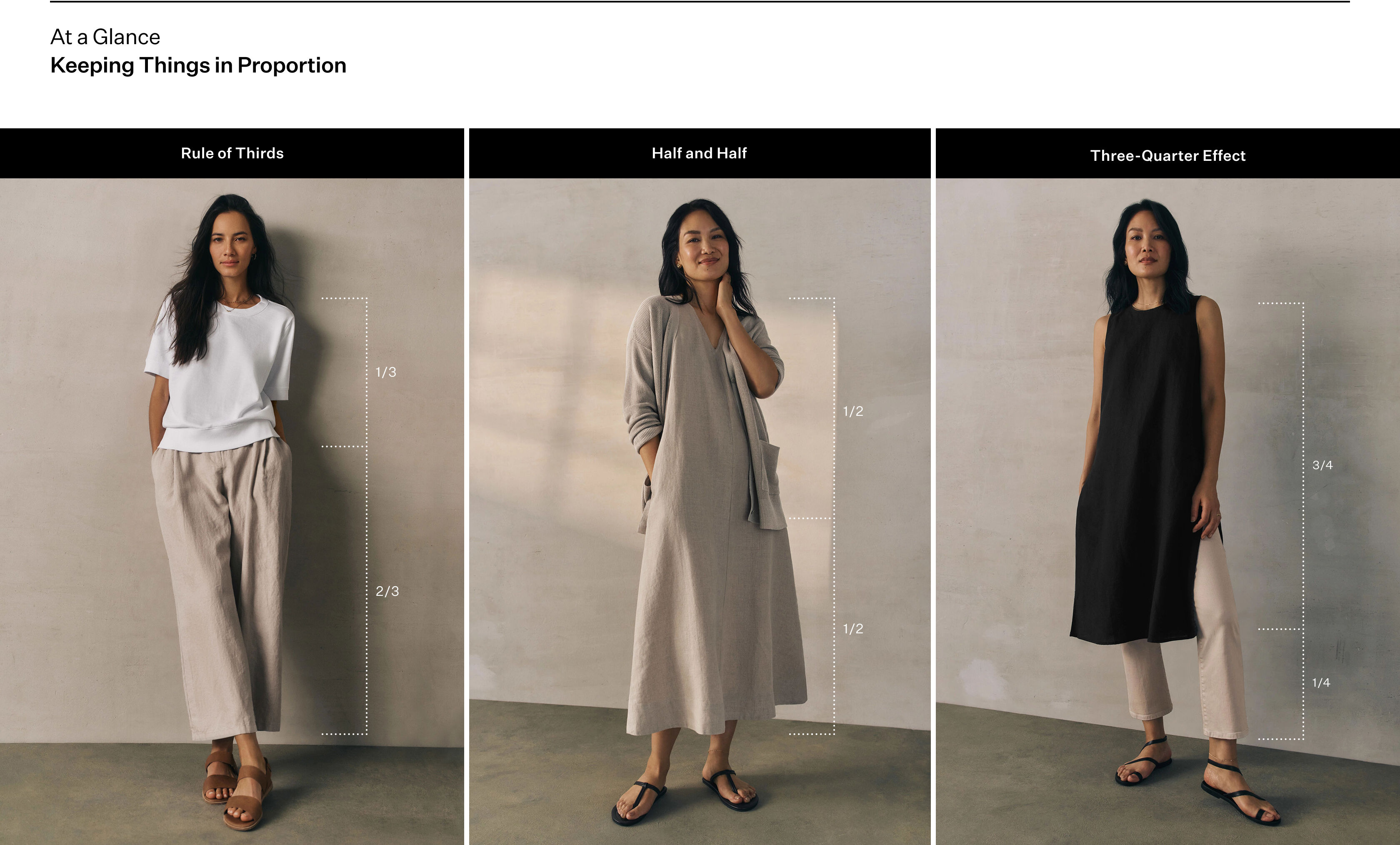 3 Easy Outfit Formulas: Rule of Thirds; Half and Half: Three-Quarter Effect 