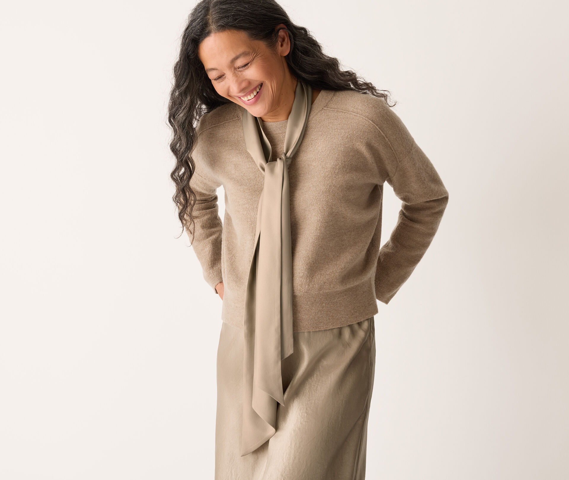 Silk Twill Double Tie Scarf in Biscuit