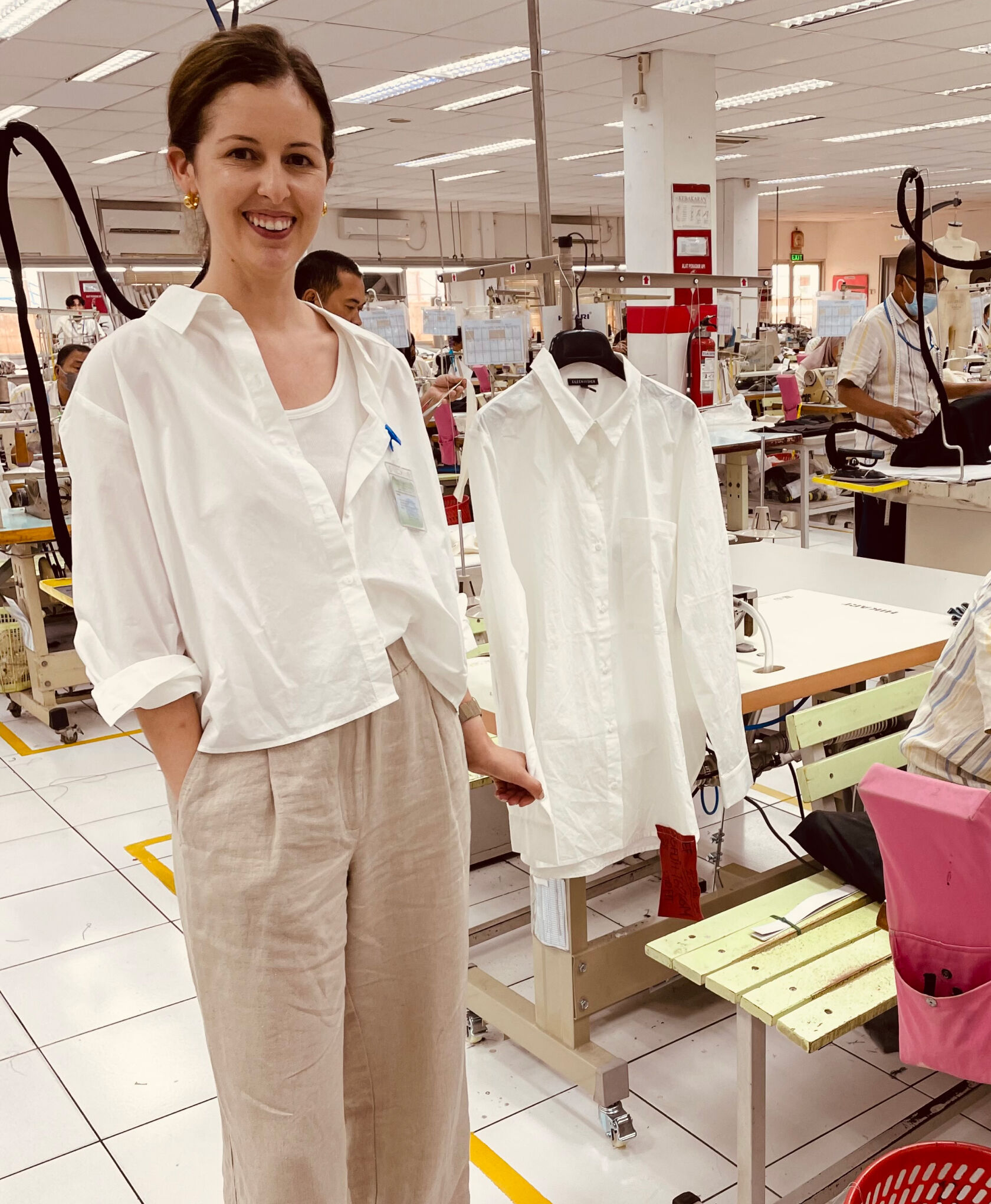 Cotton poplin shirts being sewn at a factory.