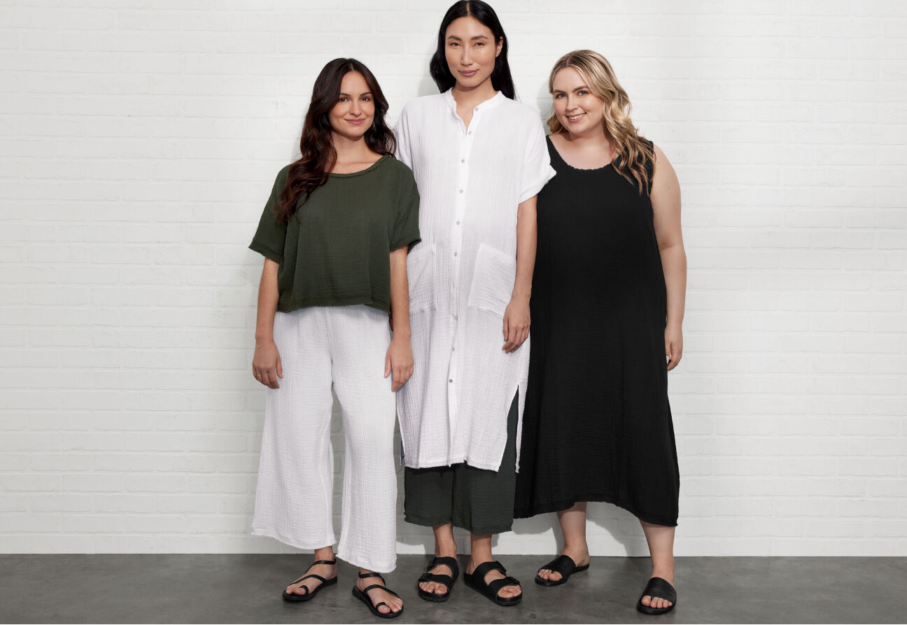 Three women wearing EILEEN FISHER clothes.