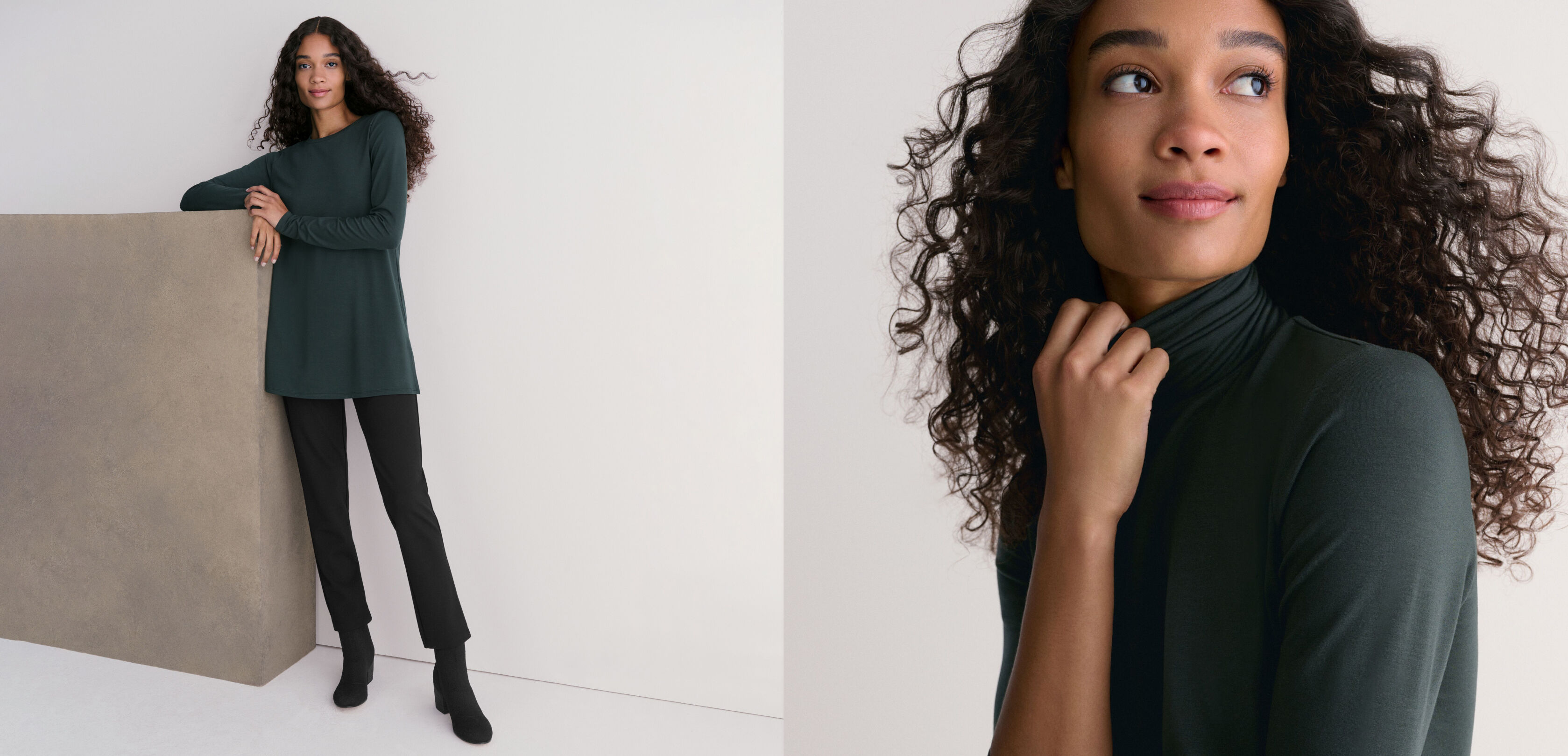 Fine Jersey Scrunch Neck Top and Stretch Jersey Knit Crew Neck Long Top in Ivy Fine Jersey Scrunch Neck Top and Stretch Jersey Knit Crew Neck Long Top in Ivy