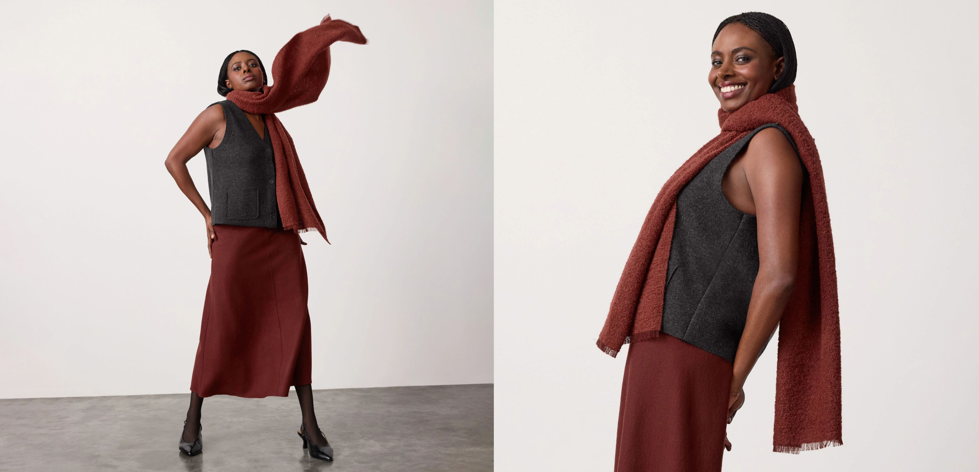 Boiled Wool Vest and Felted Wool Jersey Skirt with Fluffy Boucle Scarf