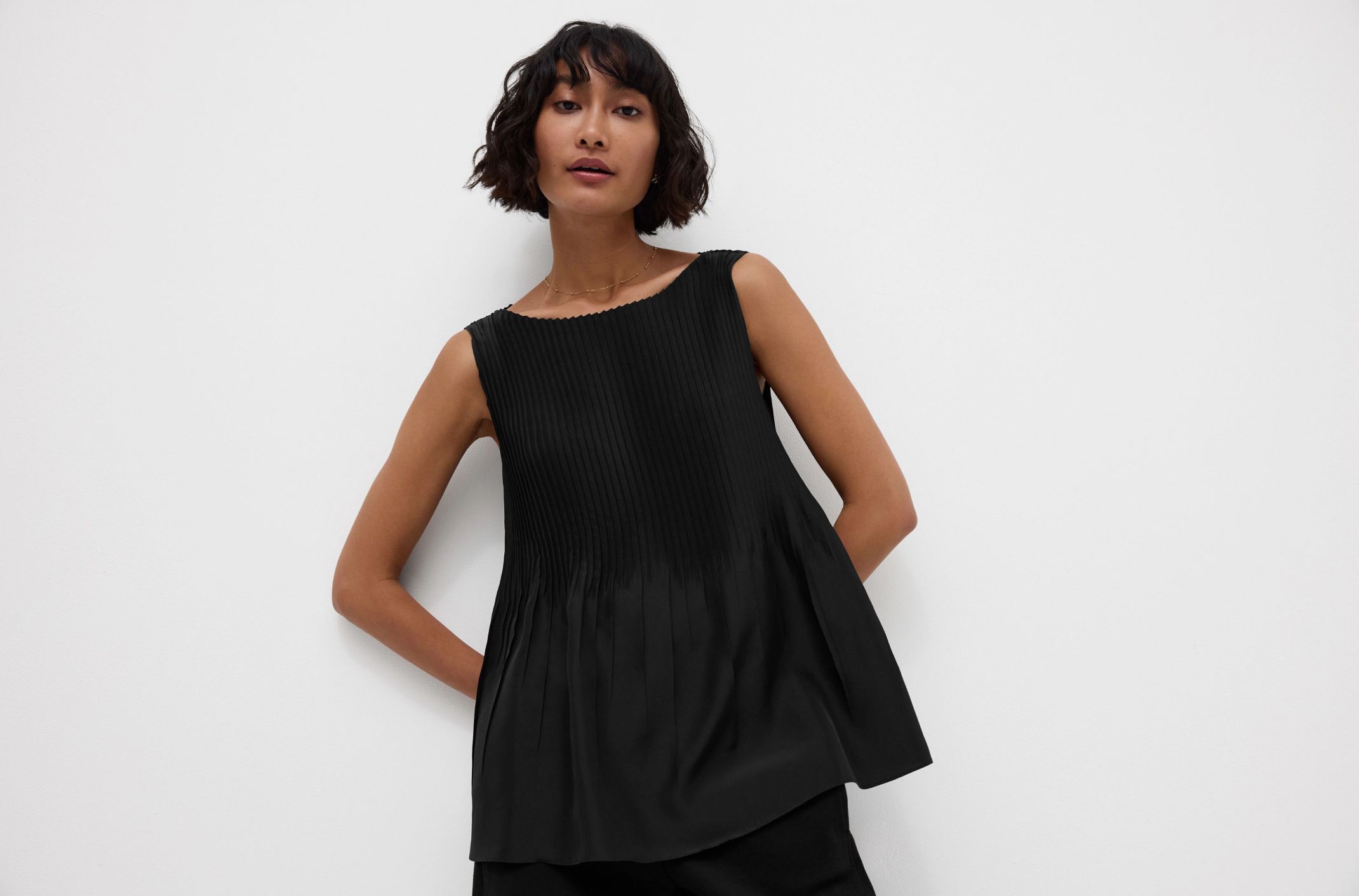 Pleated Silk Bateau Neck Tank