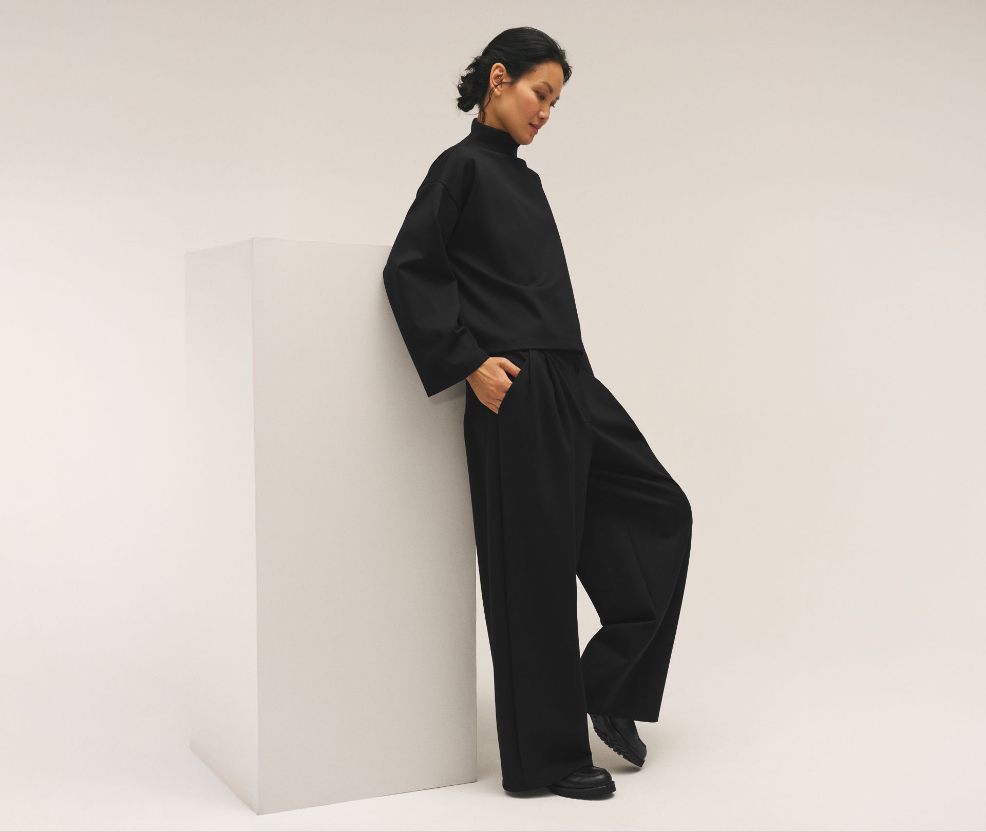 Lightweight Ponte Funnel Neck Top and Pleated Wide Leg Pant