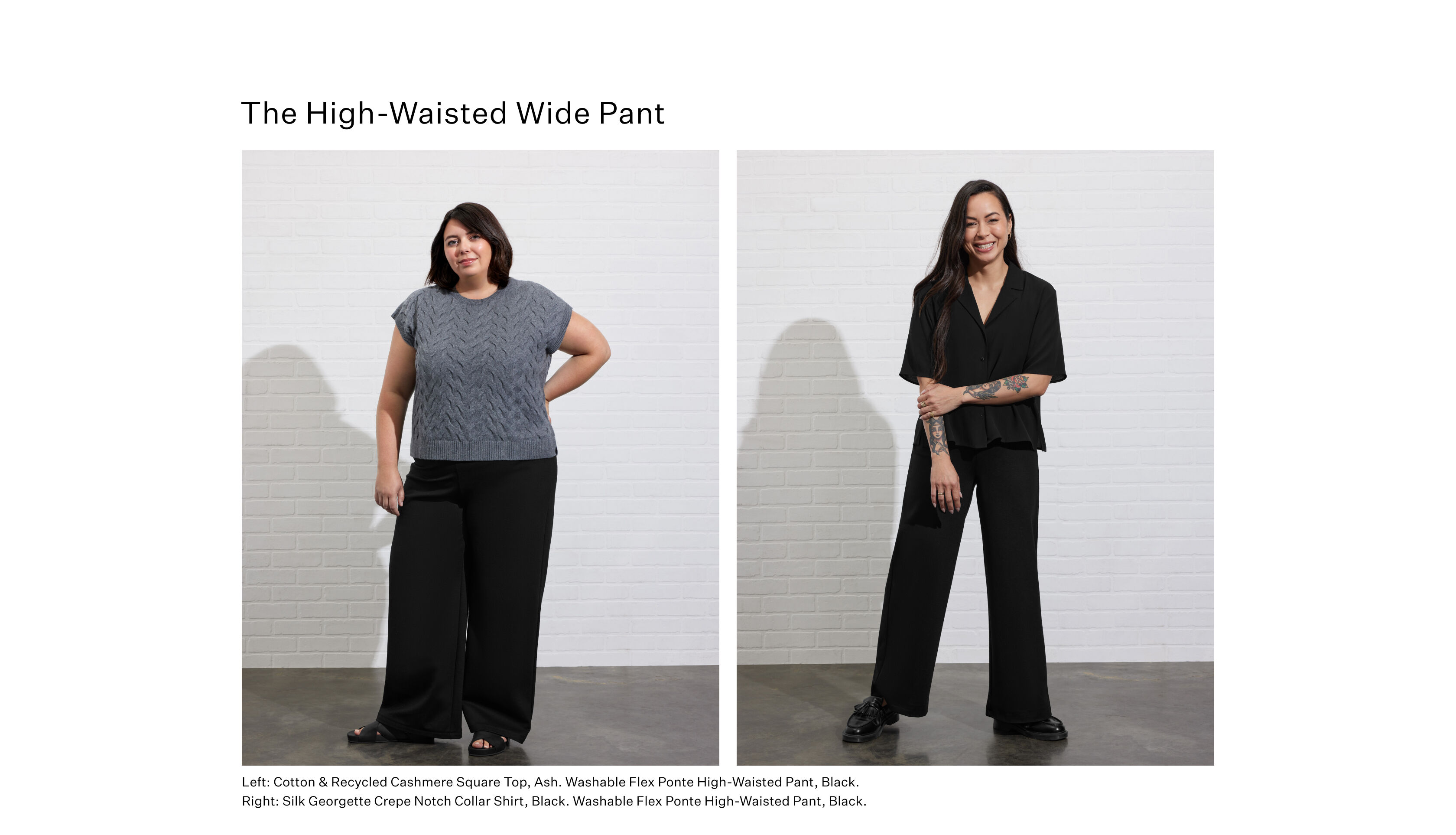 Women wearing EILEEN FISHER high-waisted wide pants.