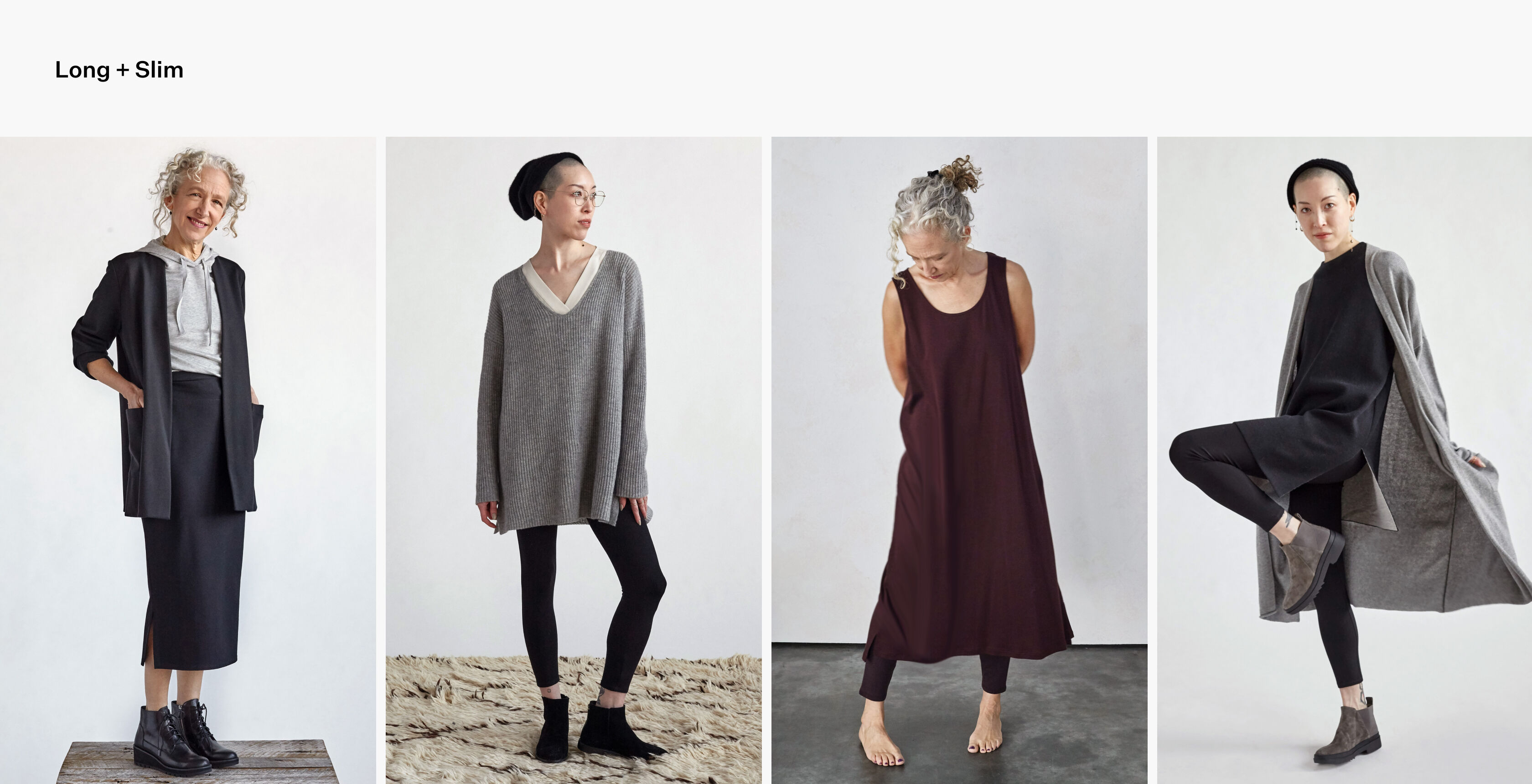 Women wearing long layers over slim pants and leggings. Women wearing long layers over slim pants and leggings.