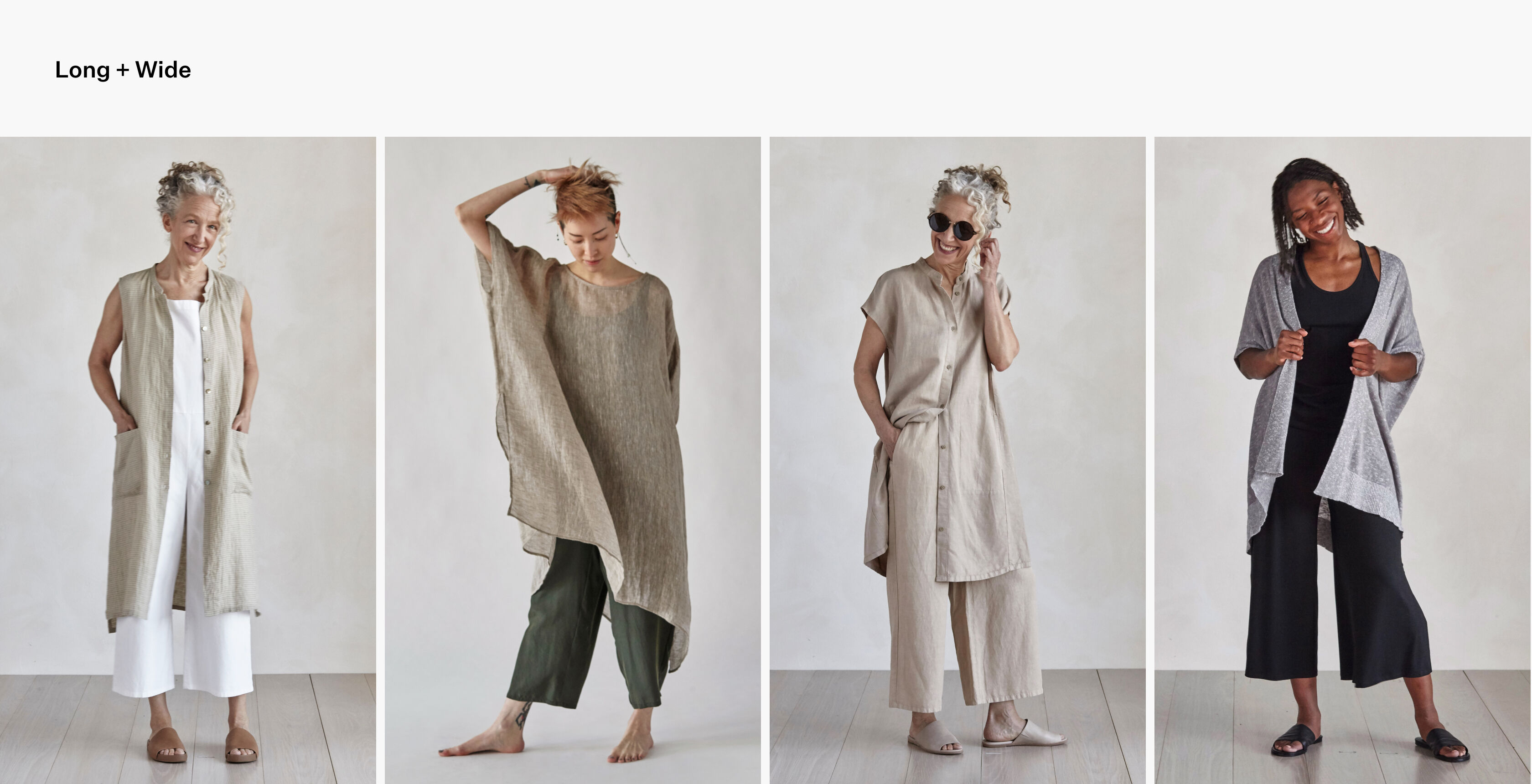 Women wearing long proportions over wide-leg pants. Women wearing long proportions over wide-leg pants.