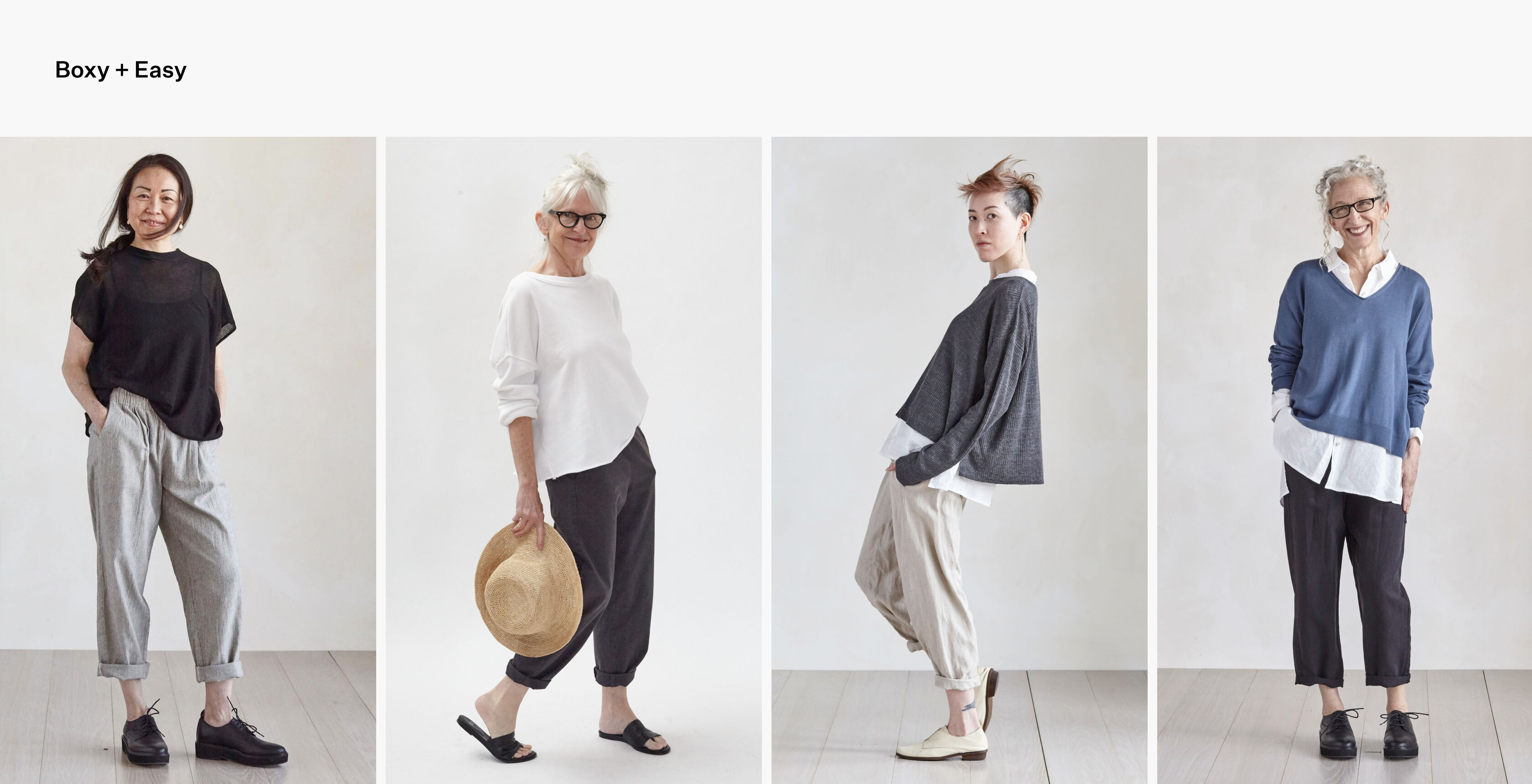 Women wearing boxy tops over slouchy pants and boyfriend jeans. Women wearing boxy tops over slouchy pants and boyfriend jeans.