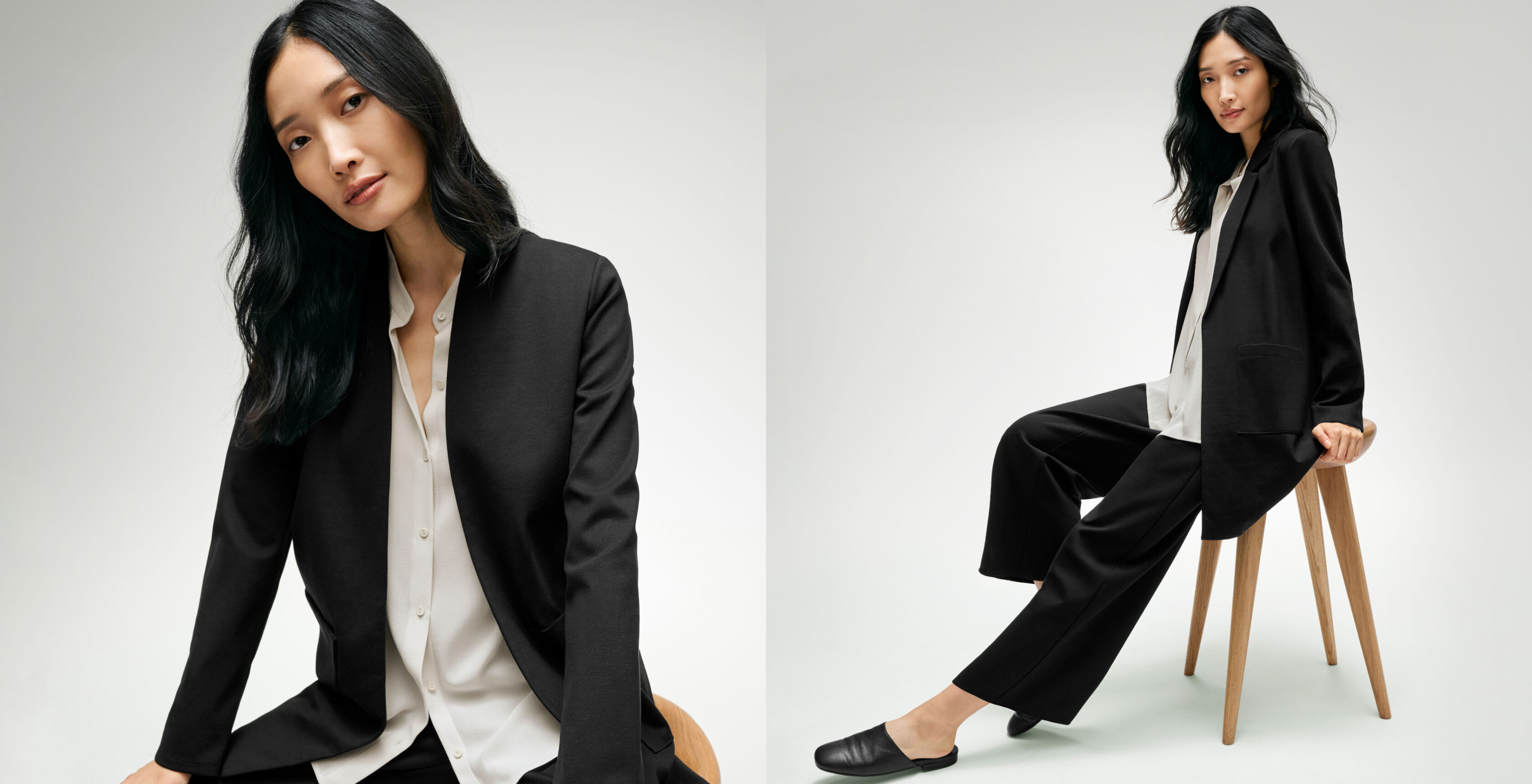 Woman wearing a comfortable black suit from EILEEN FISHER.