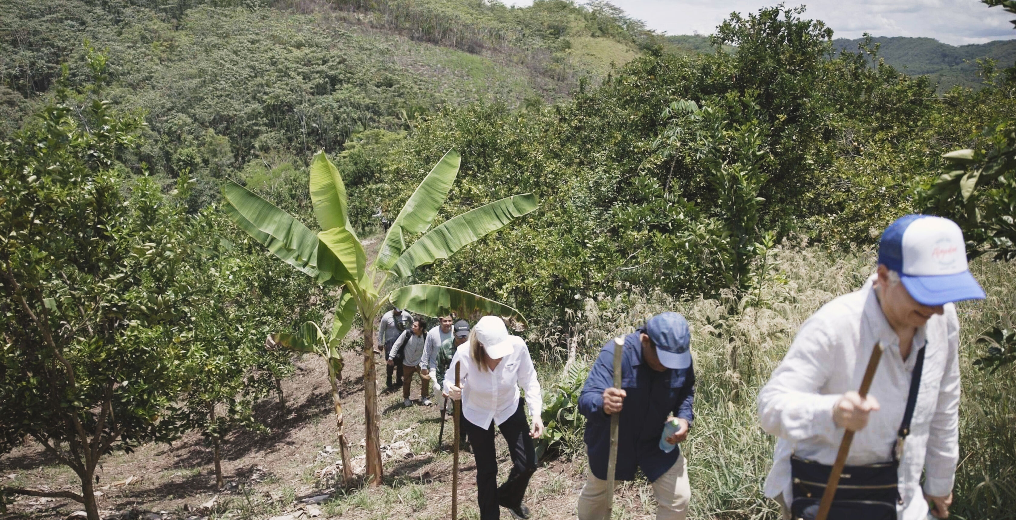 EILEEN FISHER team members climbing a hill in Peru.