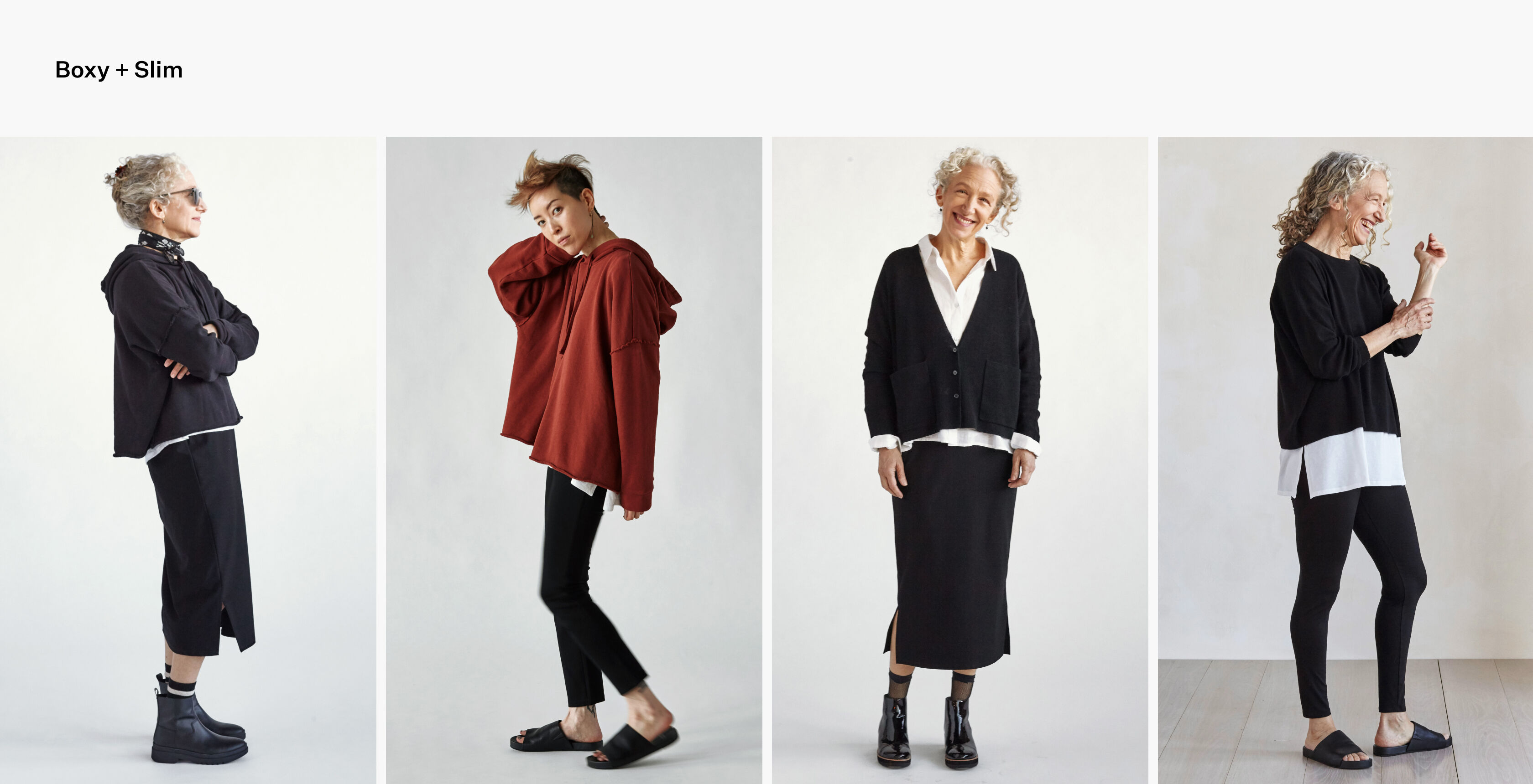 Women wearing boxy tops over leggings and slim skirts. Women wearing boxy tops over leggings and slim skirts.