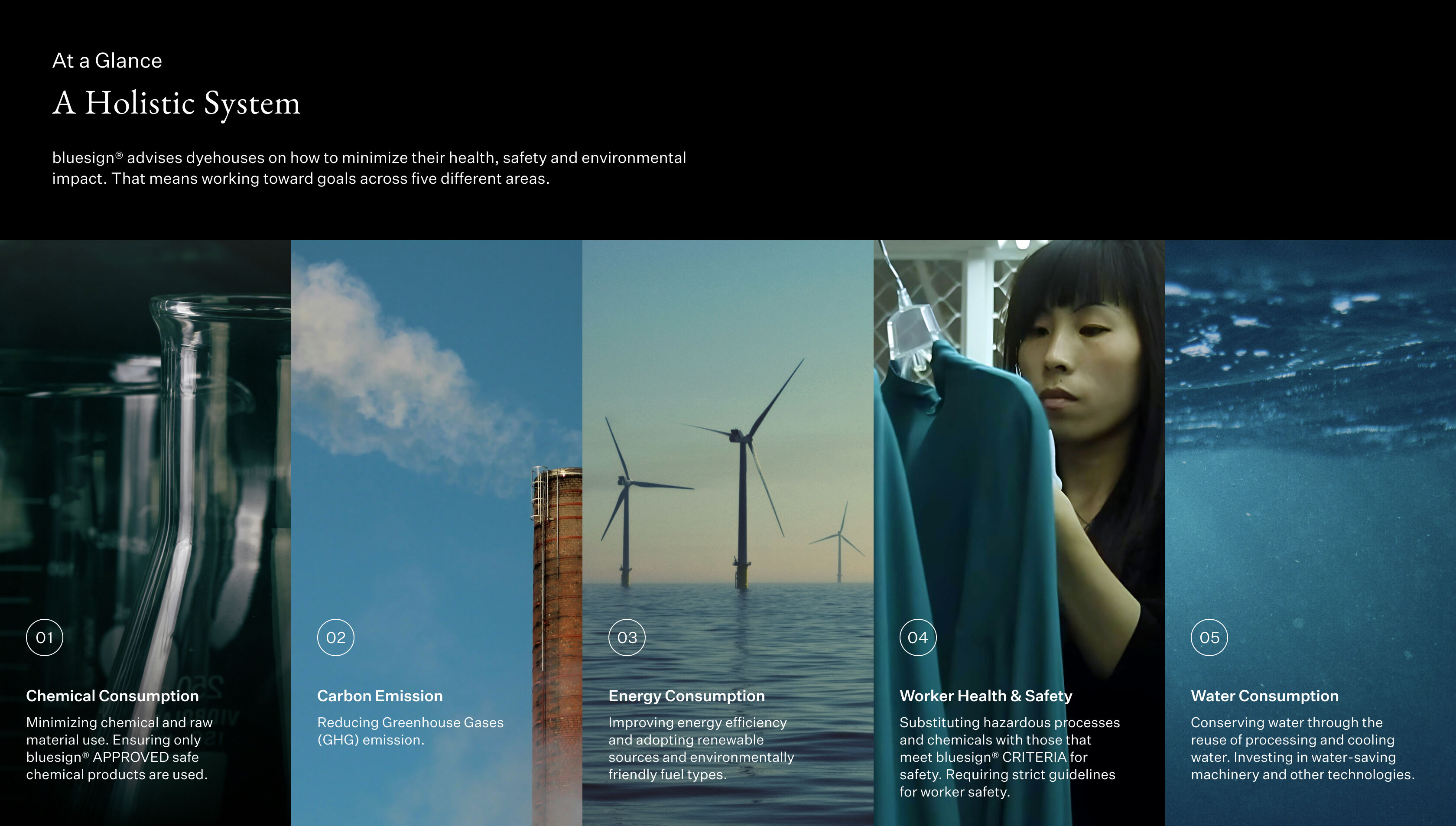 Infographic on how bluesign minimizes health, safety and environmental impact.