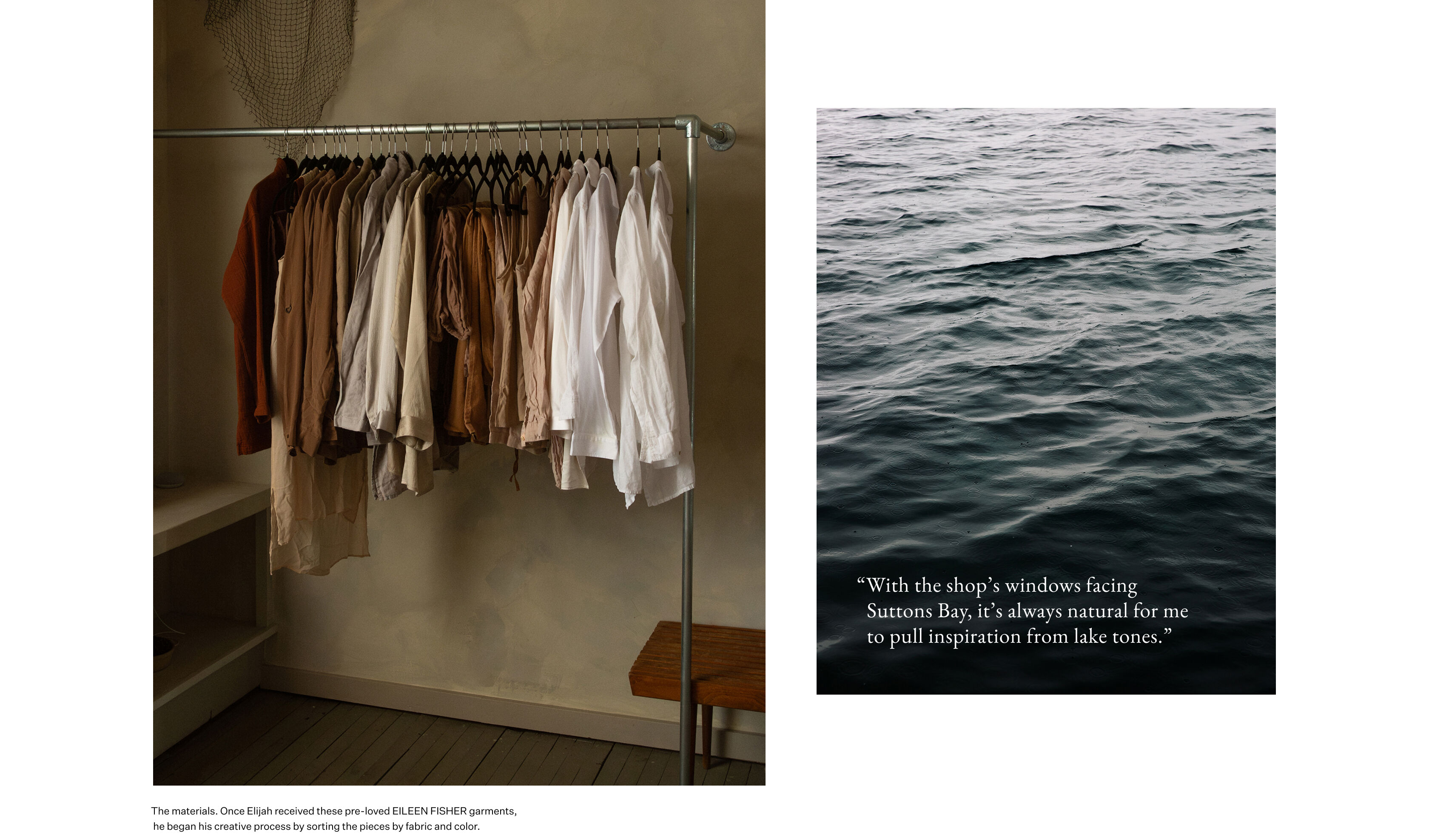 Linen, silk and denim EILEEN FISHER Renew garments sorted by brown, white and beige tones on a rack in Elijah's stores. Linen, silk and denim EILEEN FISHER Renew garments sorted by brown, white and beige tones on a rack in Elijah's stores.