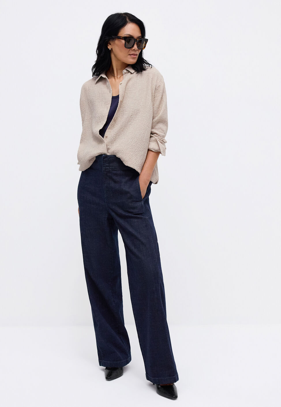 Cotton Stretch Denim Wide Leg Trouser