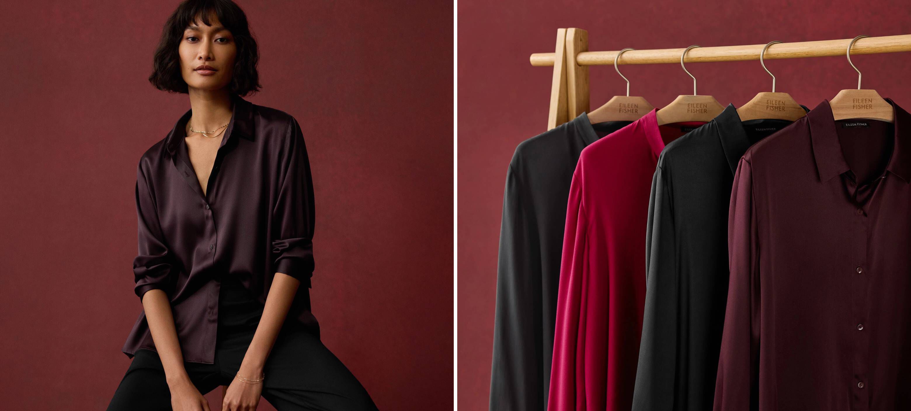 Stretch Silk Charmeuse Classic Collar Shirt in Cassis