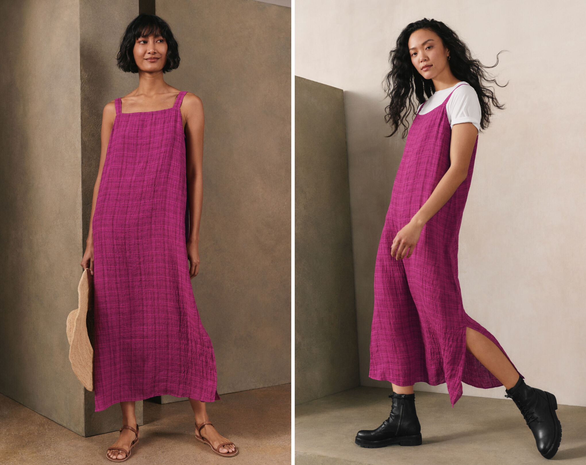Puckered Organic Linen Plaid Square Neck Dress