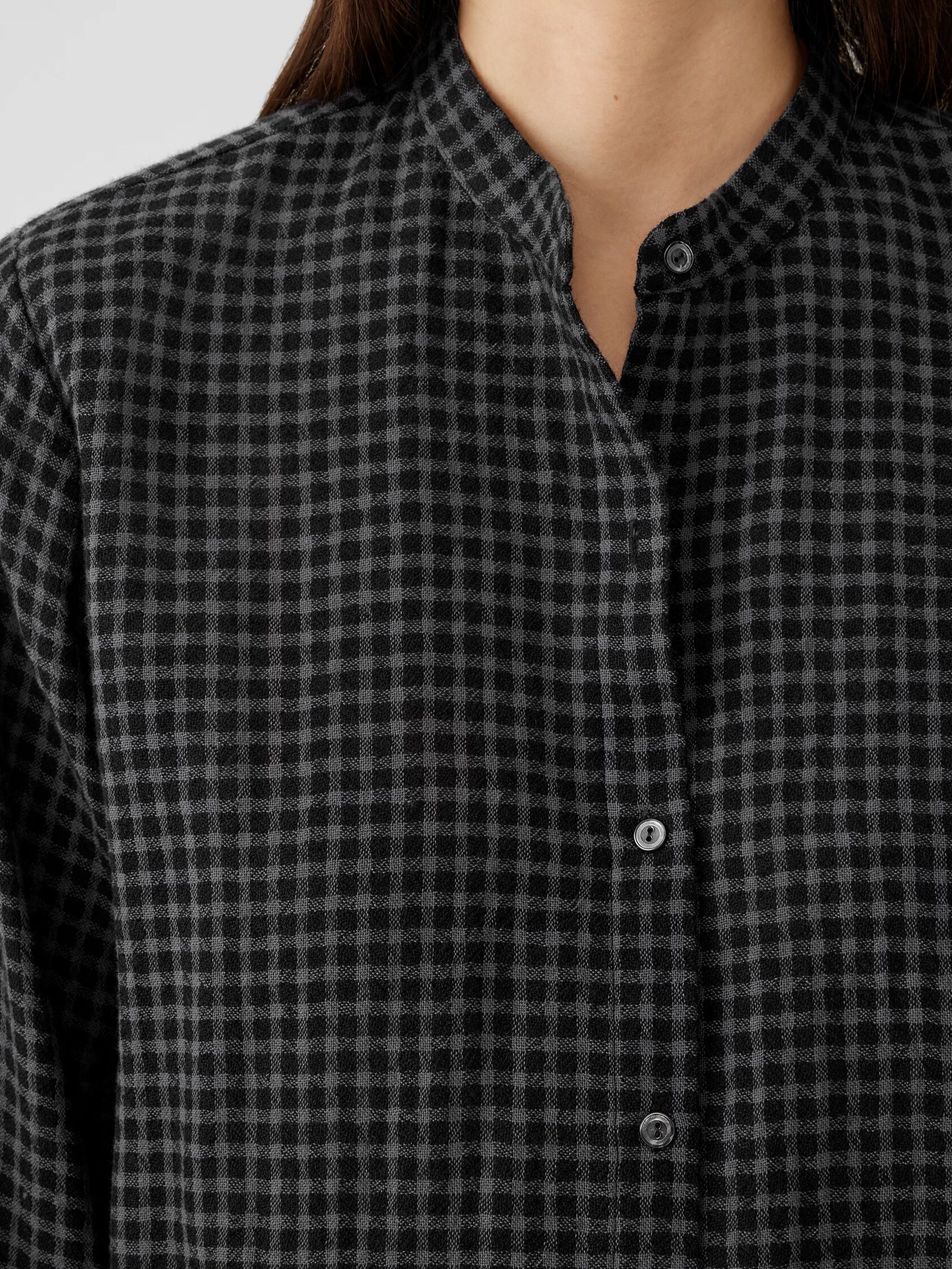 Wool Cotton Check Mandarin Collar Long Shirt