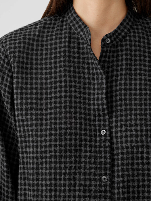 Wool Cotton Check Mandarin Collar Long Shirt