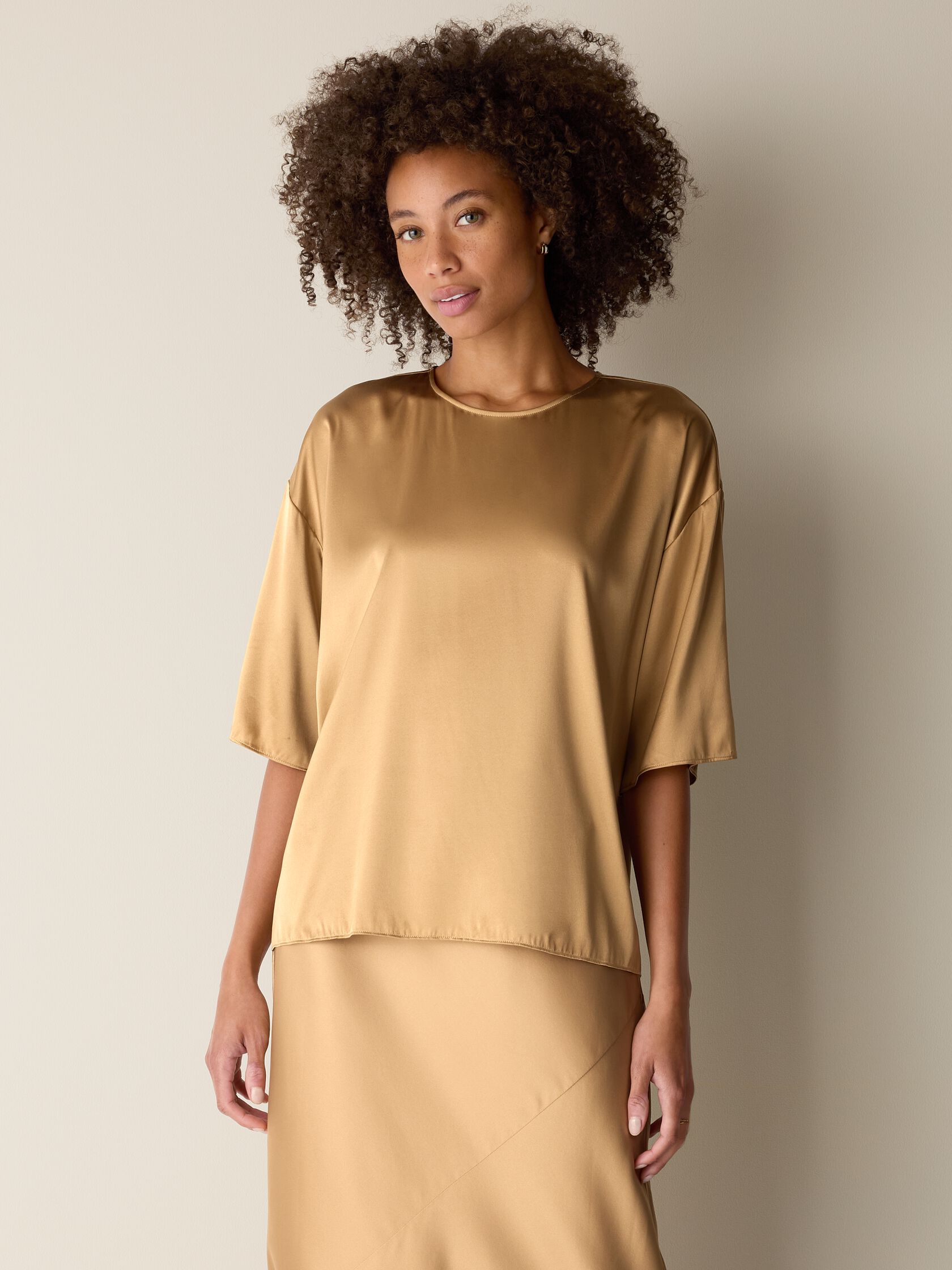 Stretch Silk Charmeuse Round Neck Top
