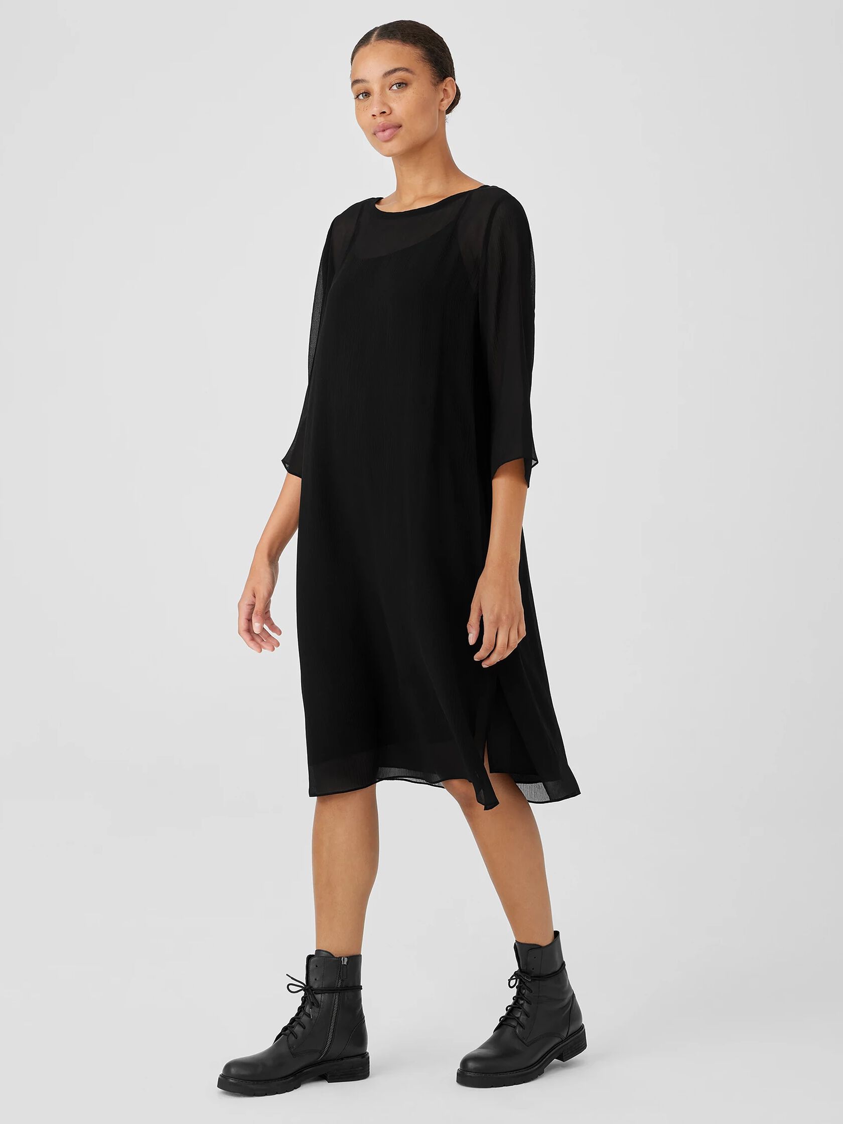 Crinkled Sheer Silk Bateau Neck Dress | EILEEN FISHER