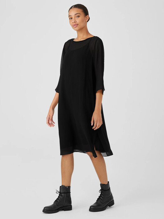 Crinkled Sheer Silk Bateau Neck Dress