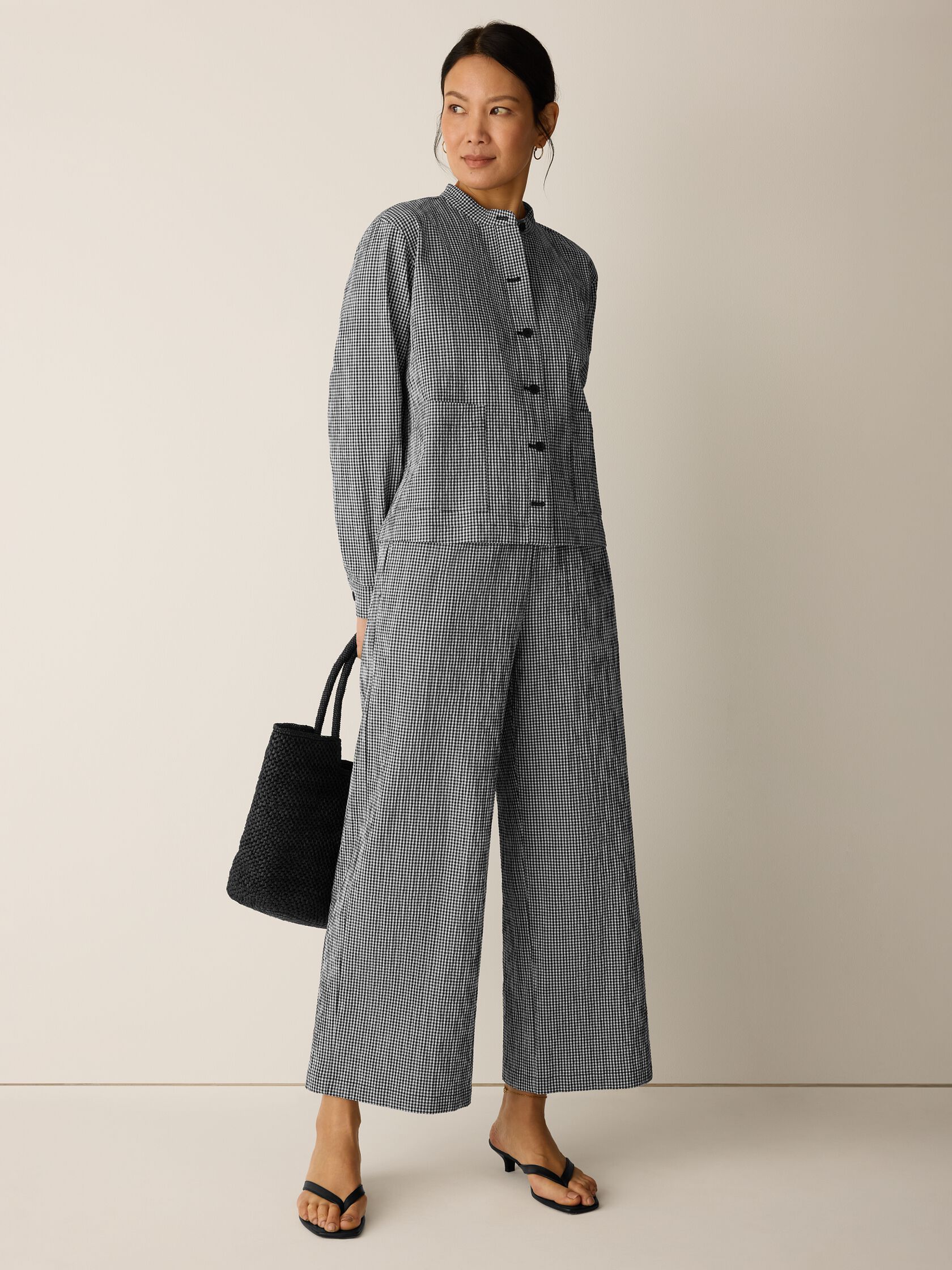 Organic Cotton Pucker Check Wide-Leg Pant