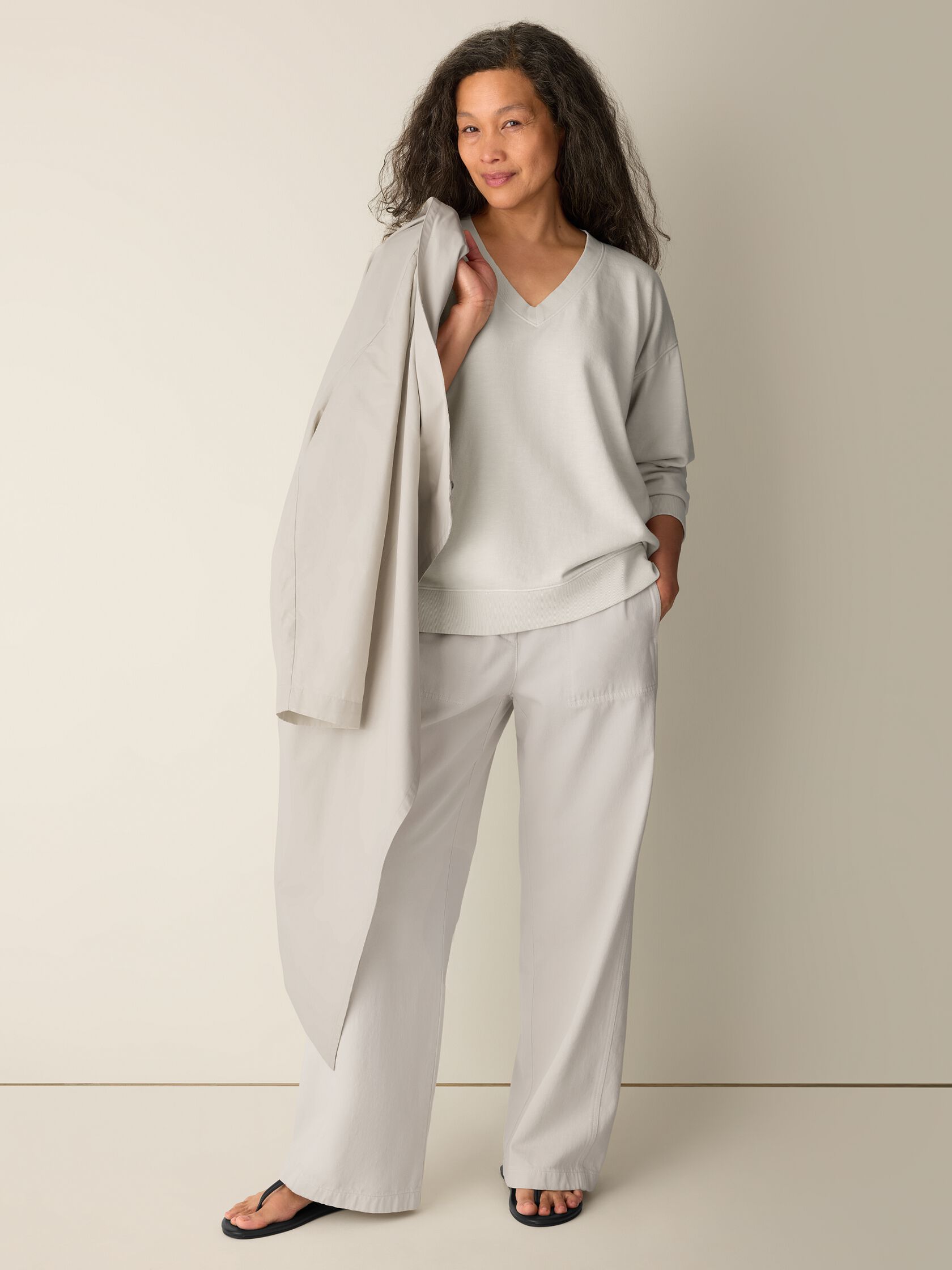Garment-Dyed Organic Cotton Terry V-Neck Top