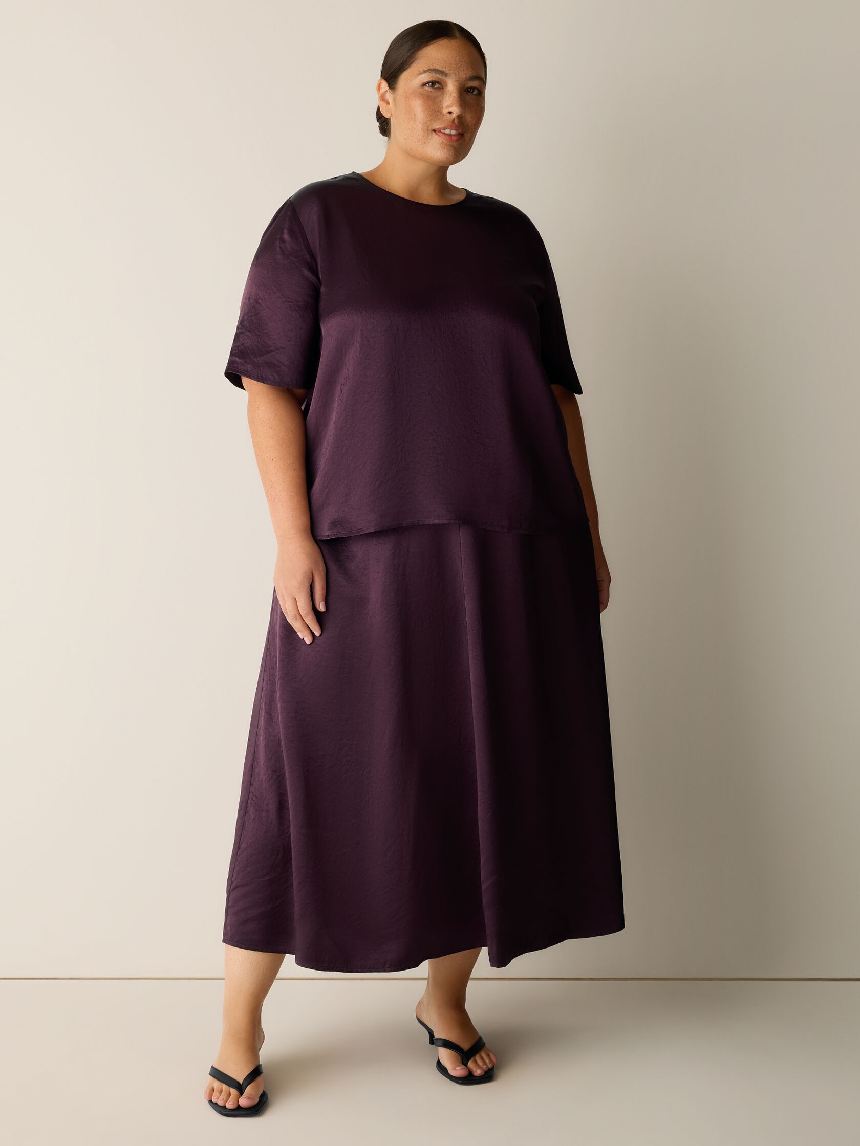 Textured Satin Round Neck Elbow-Sleeve Top