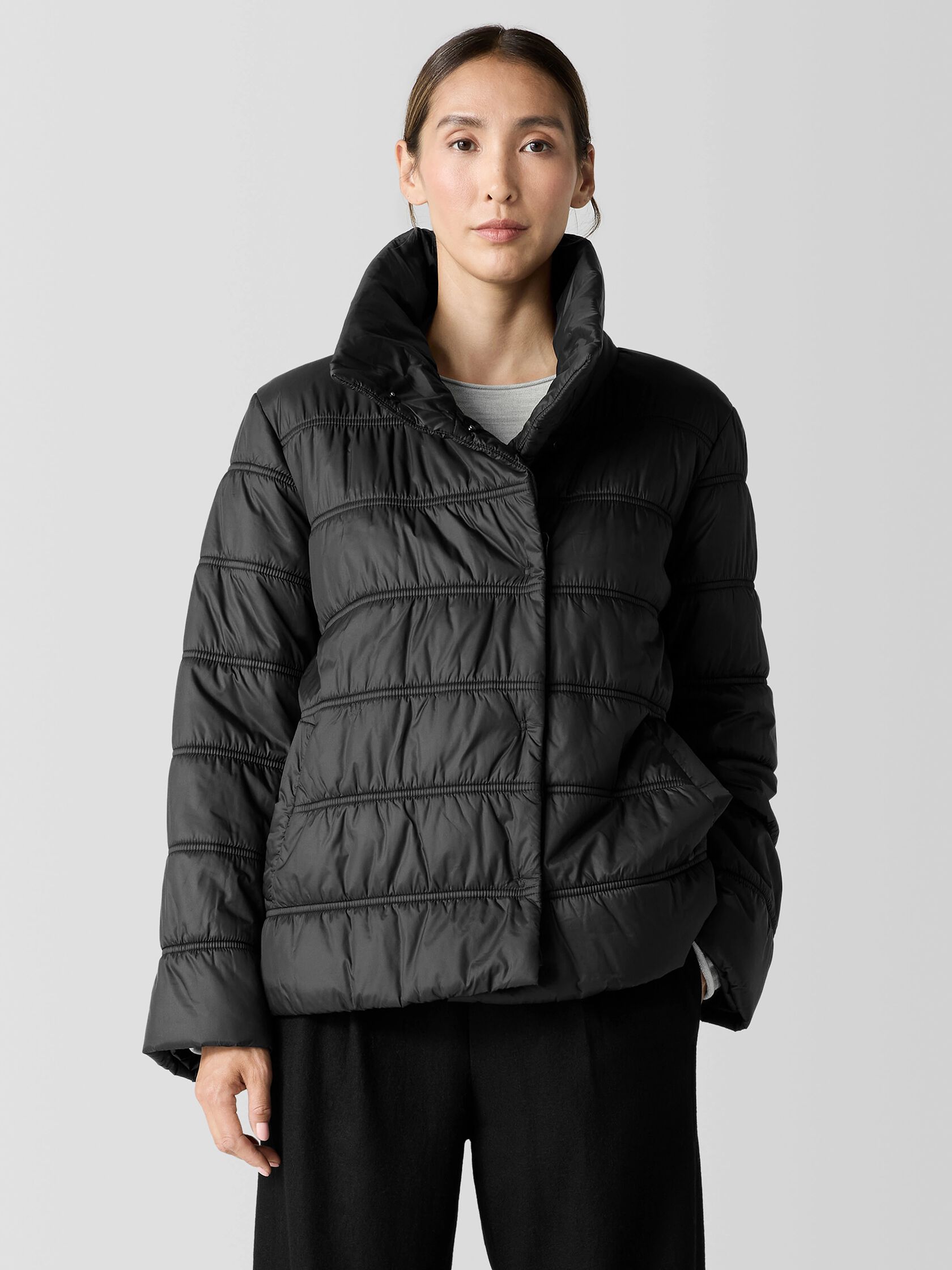 Eggshell Recycled Nylon Stand Collar Short Coat