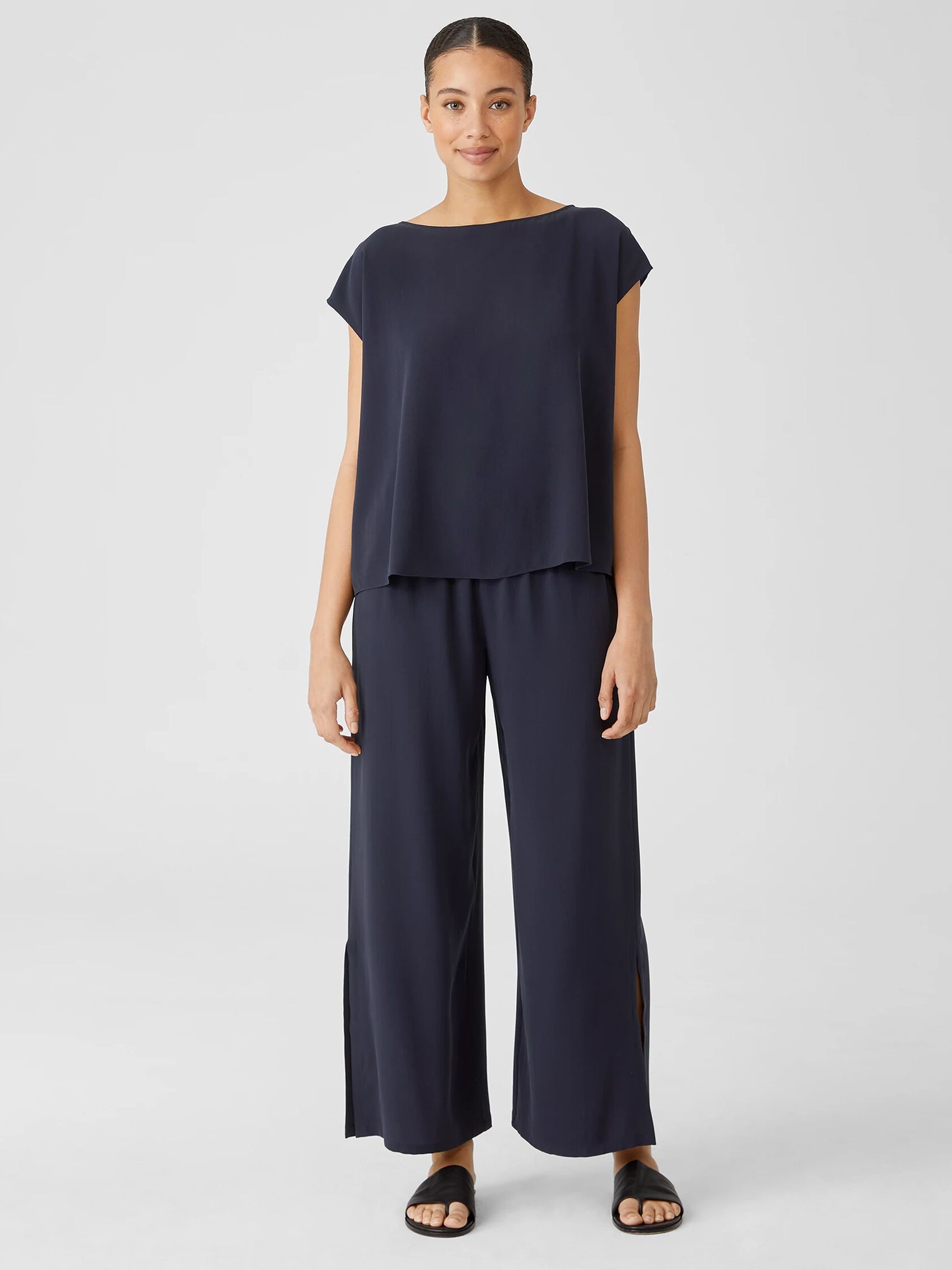 Silk Georgette Crepe Shirred-Back Top